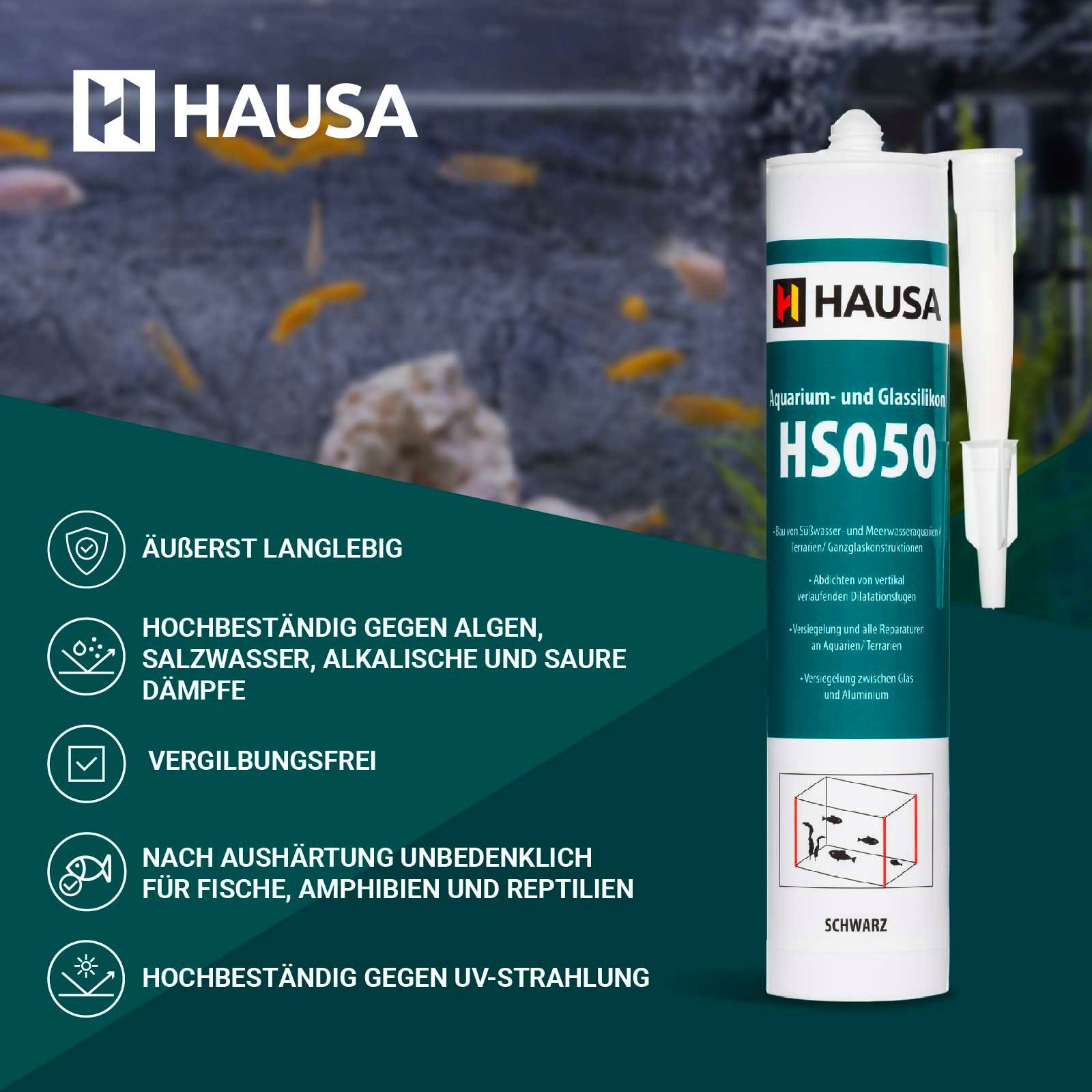 Hausa Silikon, Profi Silikon Kleb- und Dichtstoff für Aquarien und Glaskonstruktionen, Kartusche 310 ml, (Starke Haftung, 1-tlg., Schnelltrocknend), Süß- und Meerwasserbeständig Hohe Elastizität