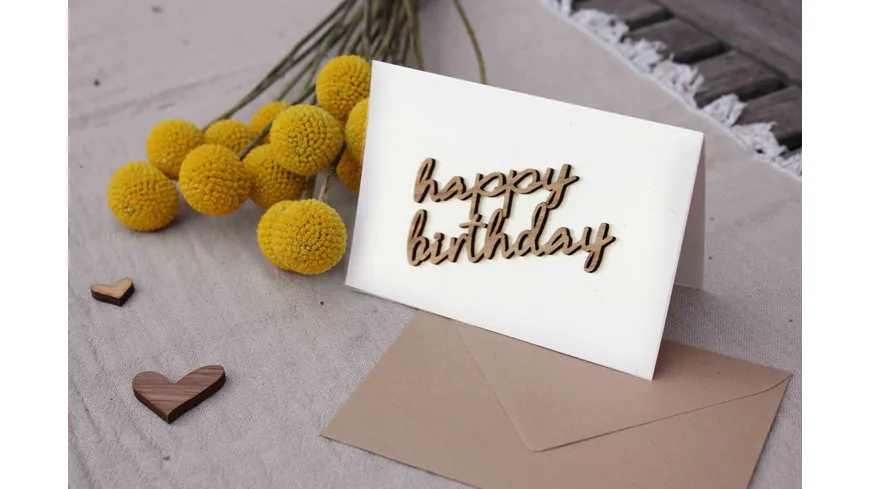 Original Holzgrußkarte - Holzschriftzug, happy birthday