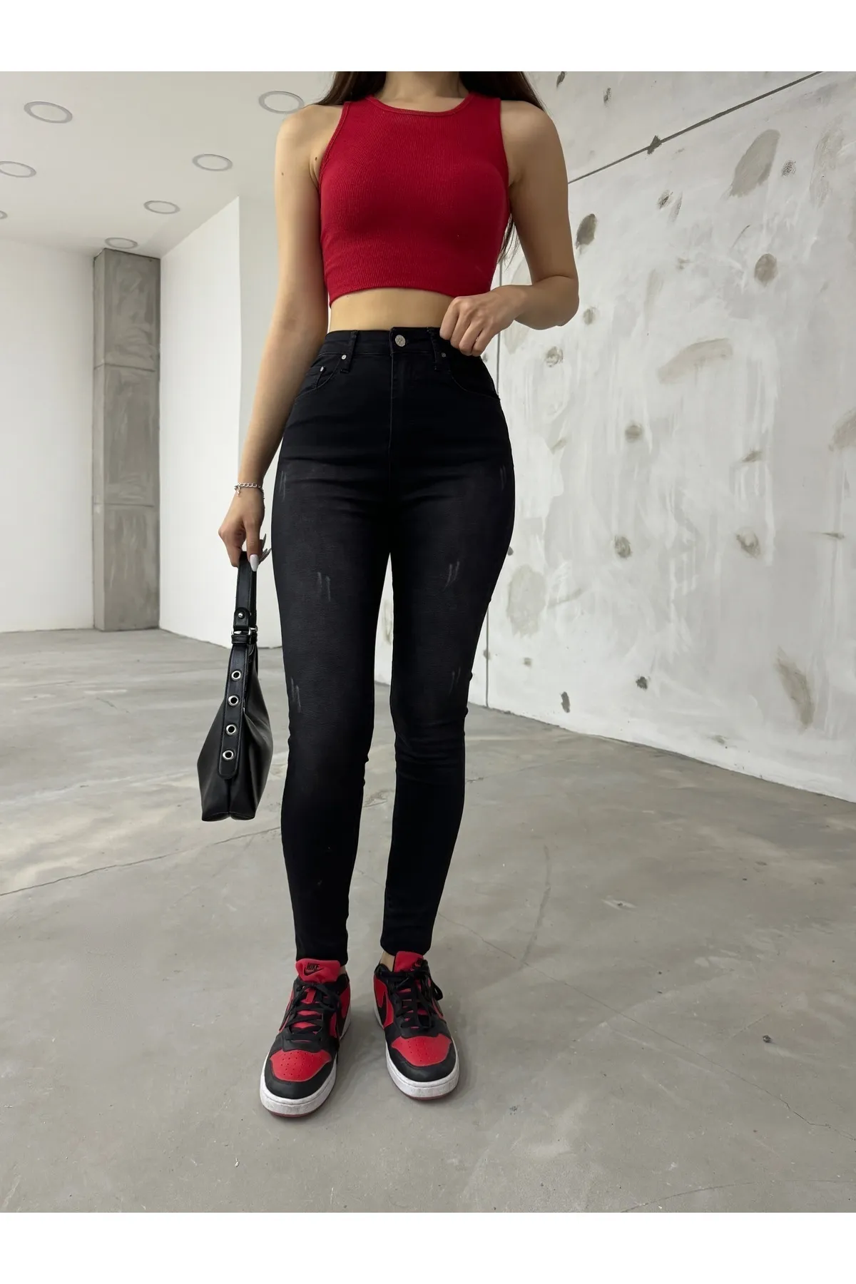 BİKELİFE  Schwarze Lycra-Jeanshose mit hoher Taille und Nageldetail