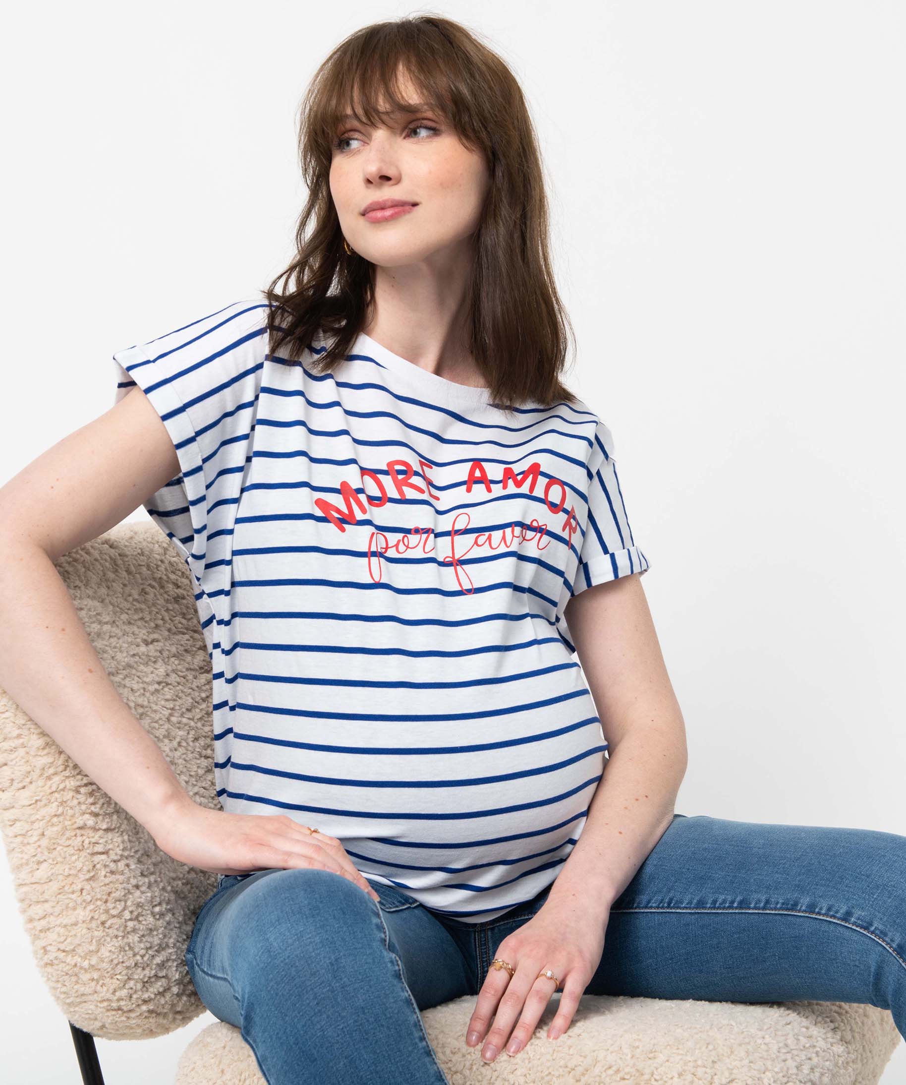 Tee-shirt de grossesse à rayures avec inscription marine | GEMO