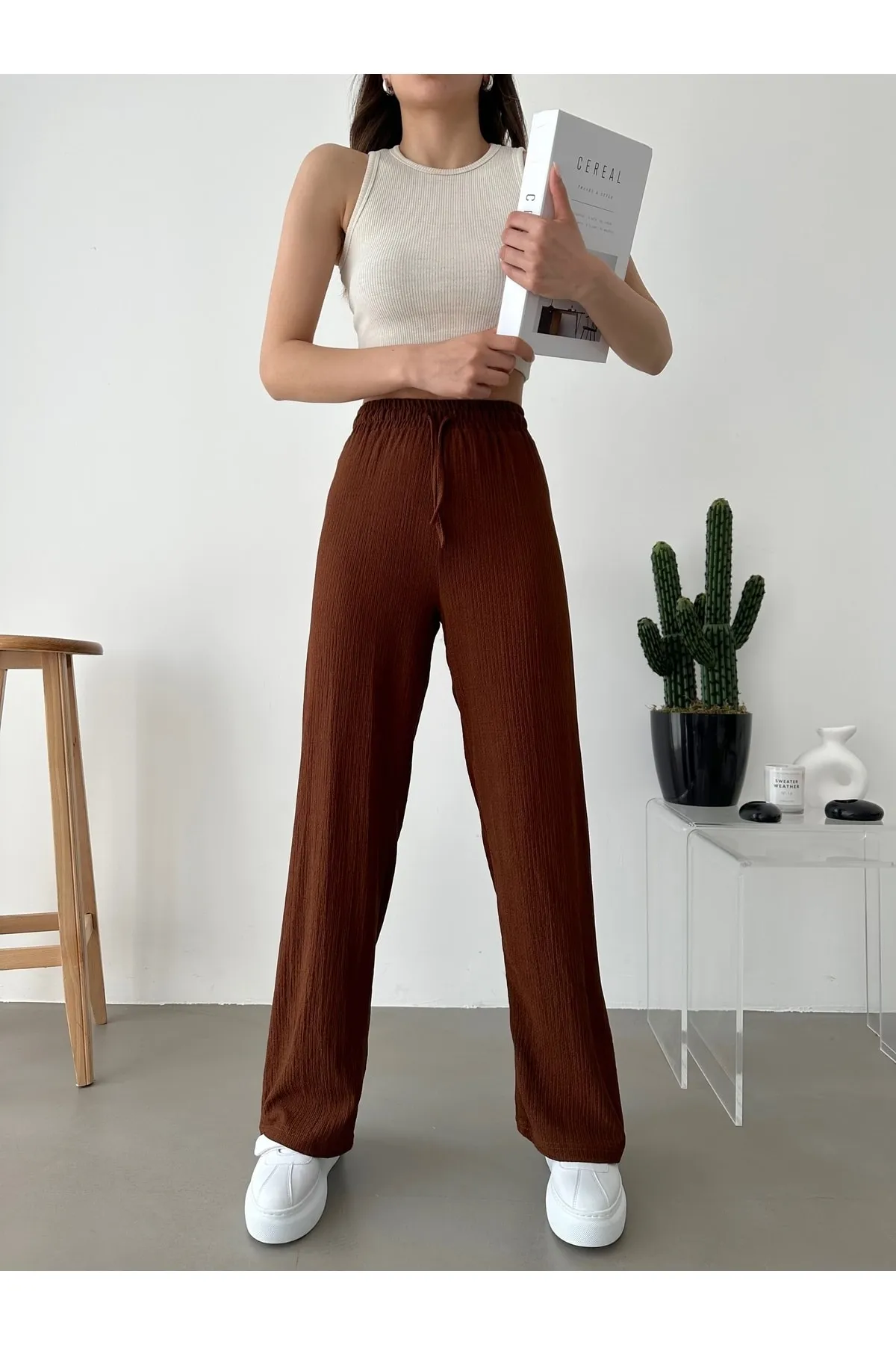 BEJNA  Braune Palazzo-Hose mit elastischem Bund für Damen