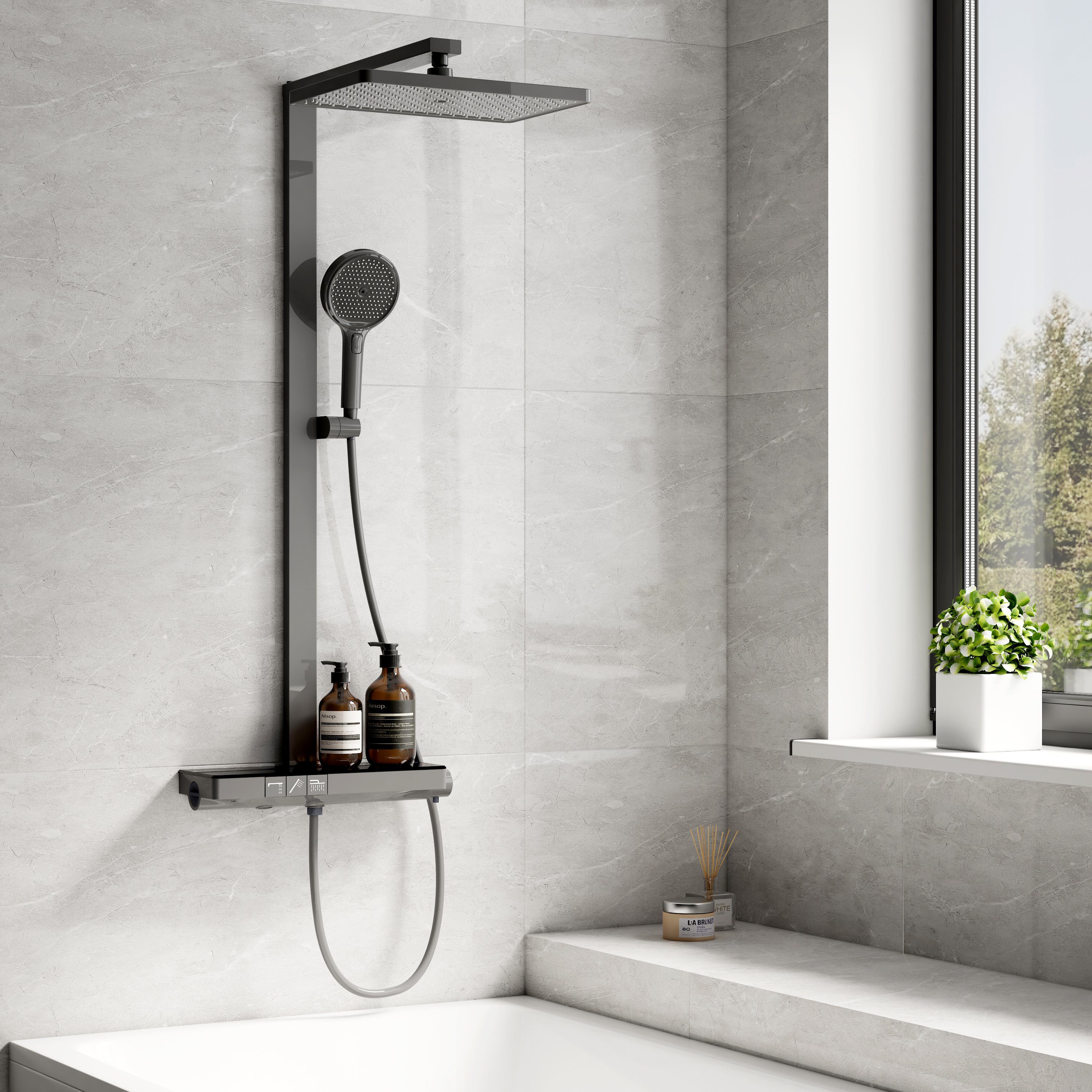 EMKE Duschsystem Duschsystem mit Thermostat Duschset mit 40cm Thermostatische Platte, 4 Strahlart(en), Brausestange, Handbrause, Regendusche, Wasserauslass, Anthrazit Matt
