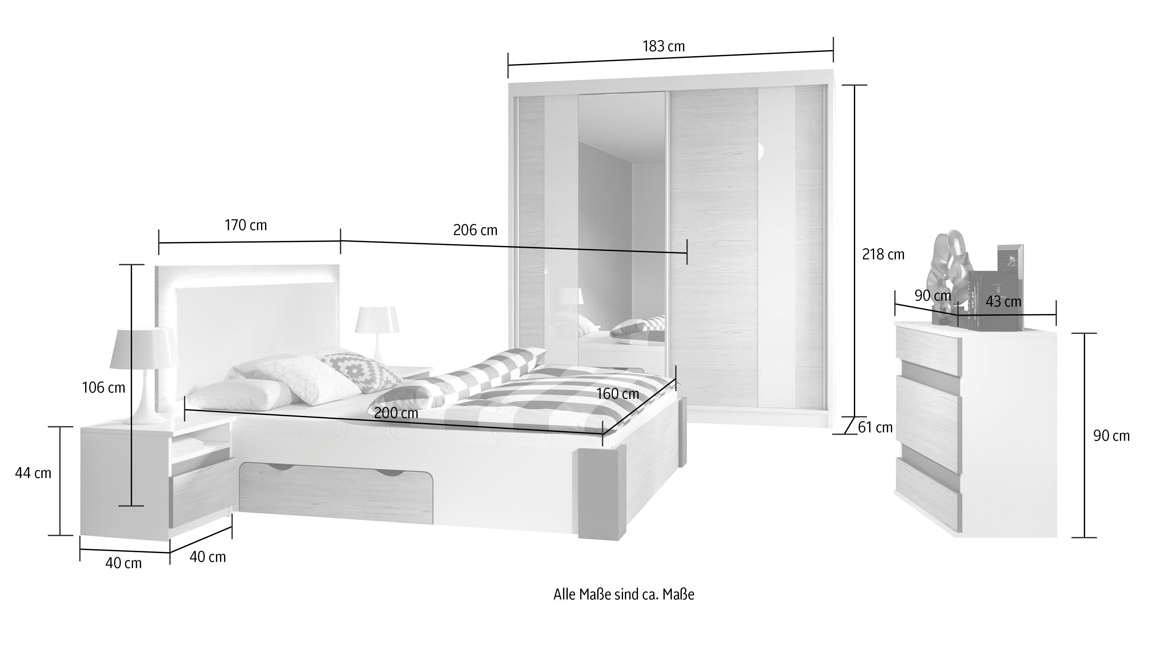 Polini kids Schlafzimmer-Set Polini Porto, (Set, 5-St., bestehend aus Bettgestell, Schiebetürenschrank, Kommode, Nachtkommoden), inklusive Bettkasten