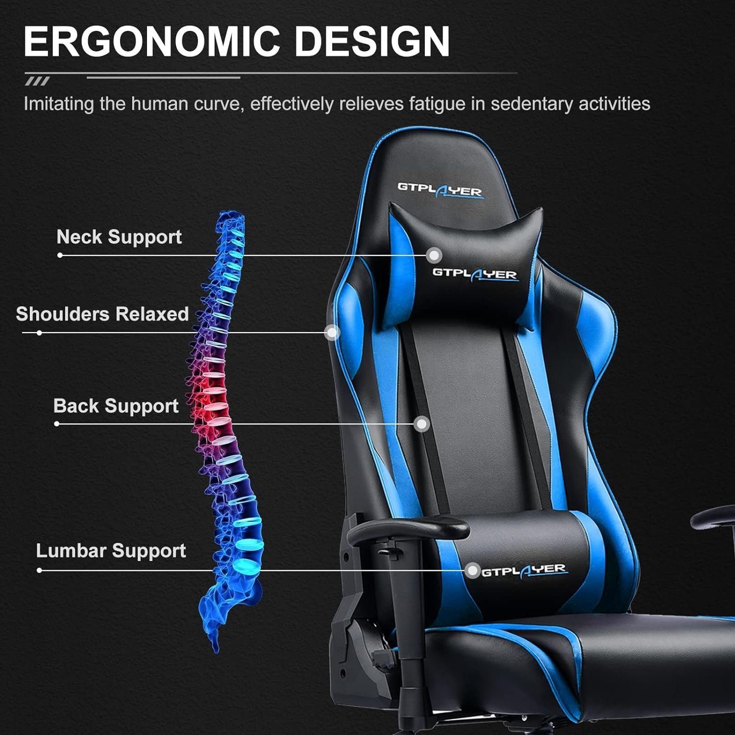 GTPLAYER Gaming-Stuhl Gaming Stuhl Bürostuhl Ergonomisch, Lendenkissen verstellbar (Zockerstuhl, Zocker, Sessel Gaming, 150kg Belastbar, 1 St), Pc Sessel, Computerstuhl, Computer Stuhl, Zockersessel