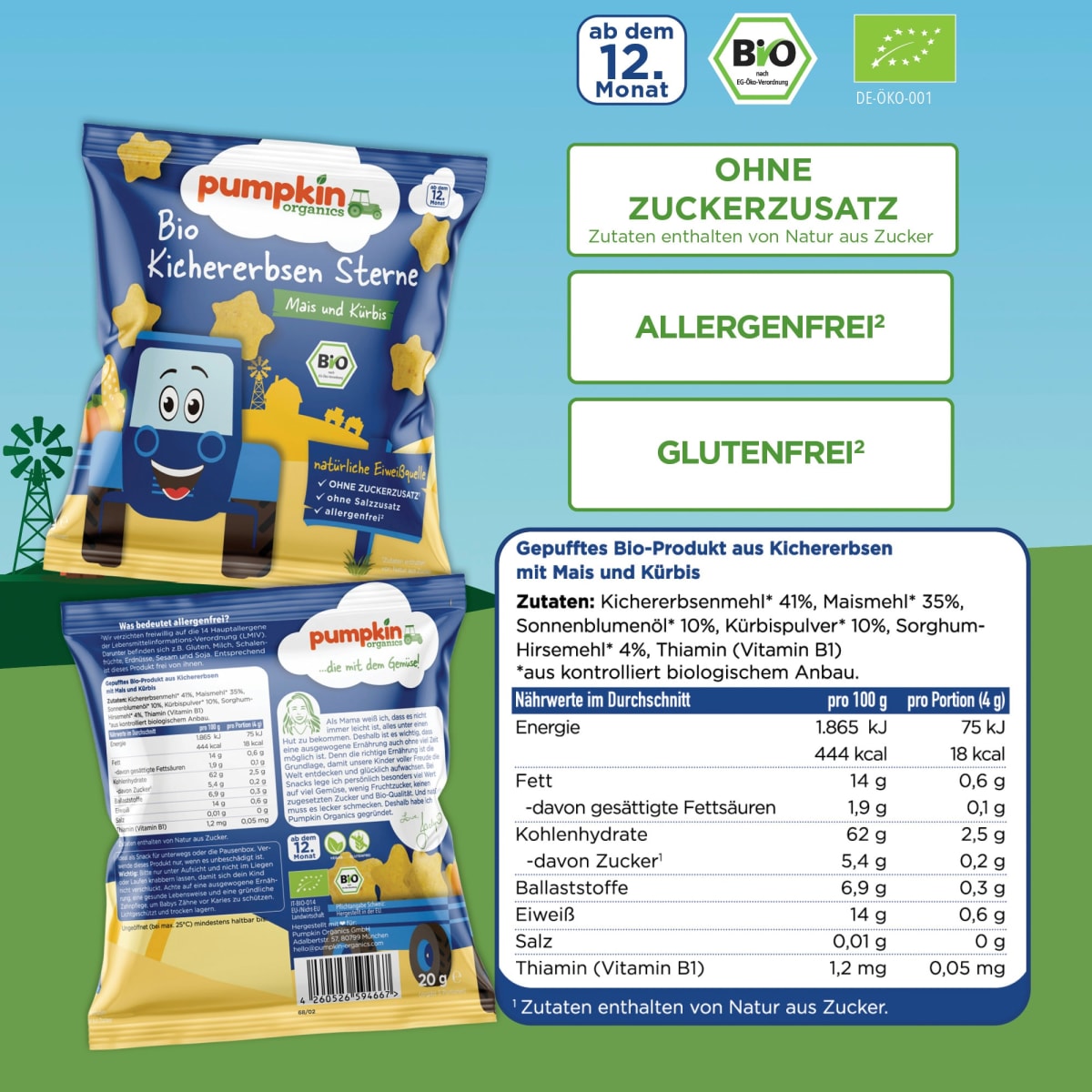 Kindersnack Kichererbsen Sterne mit Mais & Kürbis, ab 12. Monaten, 20 g