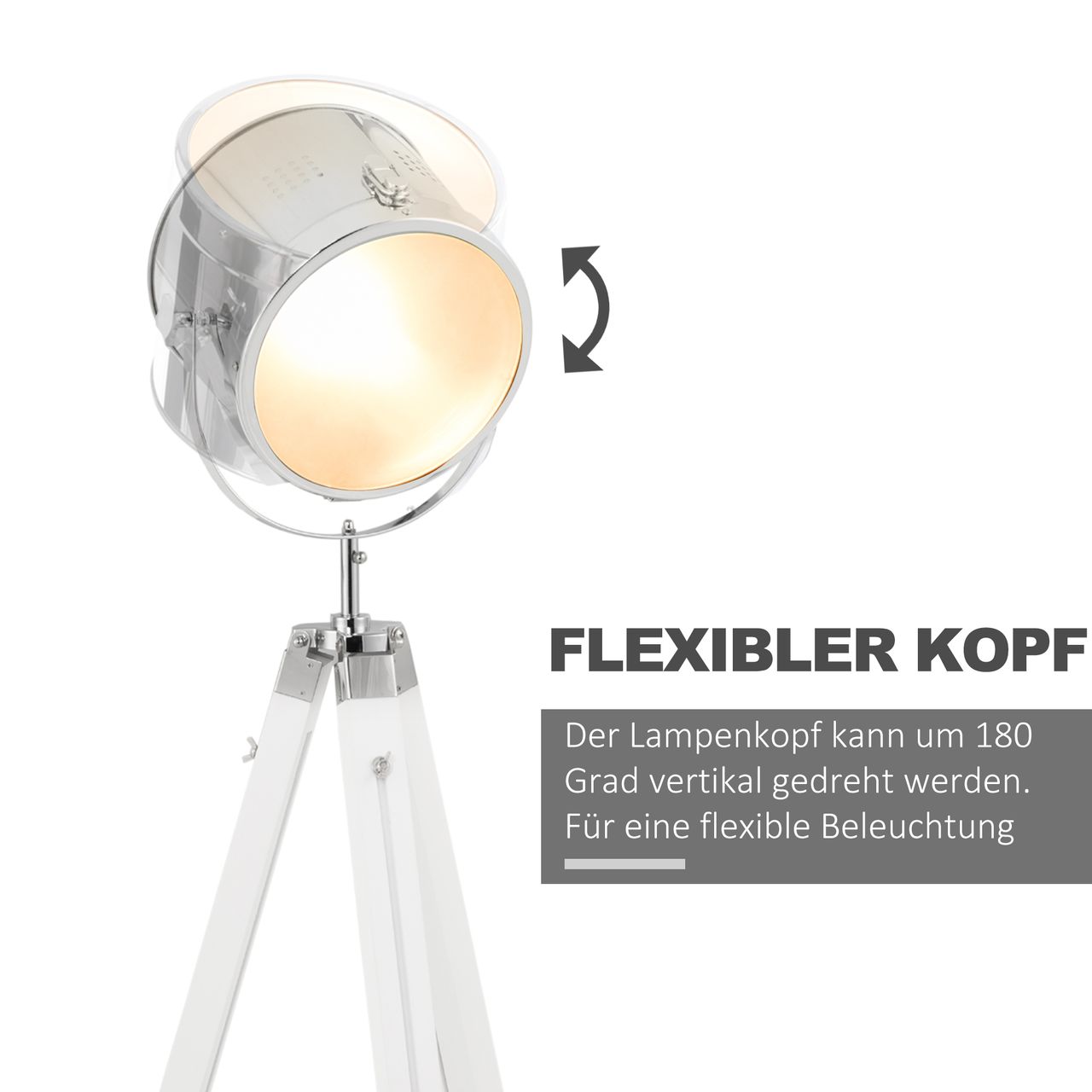 HOMCOM Stehlampe Stehleuchte mit Dreibein Stativ aus Holz 100-140 cm höhenverstellbar mit 180° Drehbarem Lampenkopf Caféleuchte Studiolampe Industrial Design Tripod Lampe 40W Weiß Stahl Kiefernholz