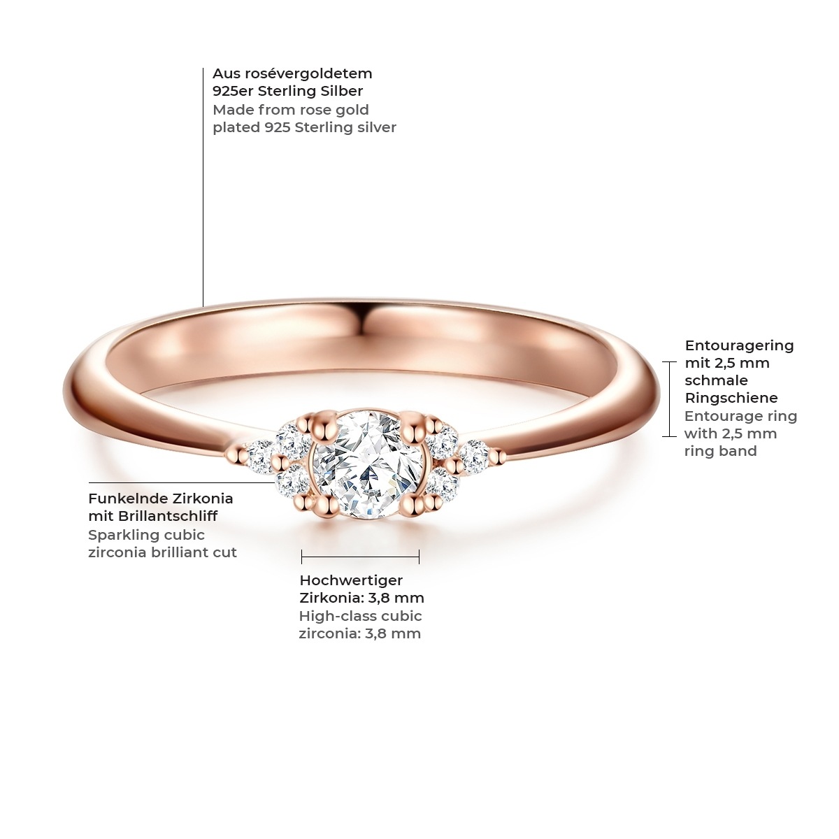 Ring Sterling Silber Zirkonia in Roségold