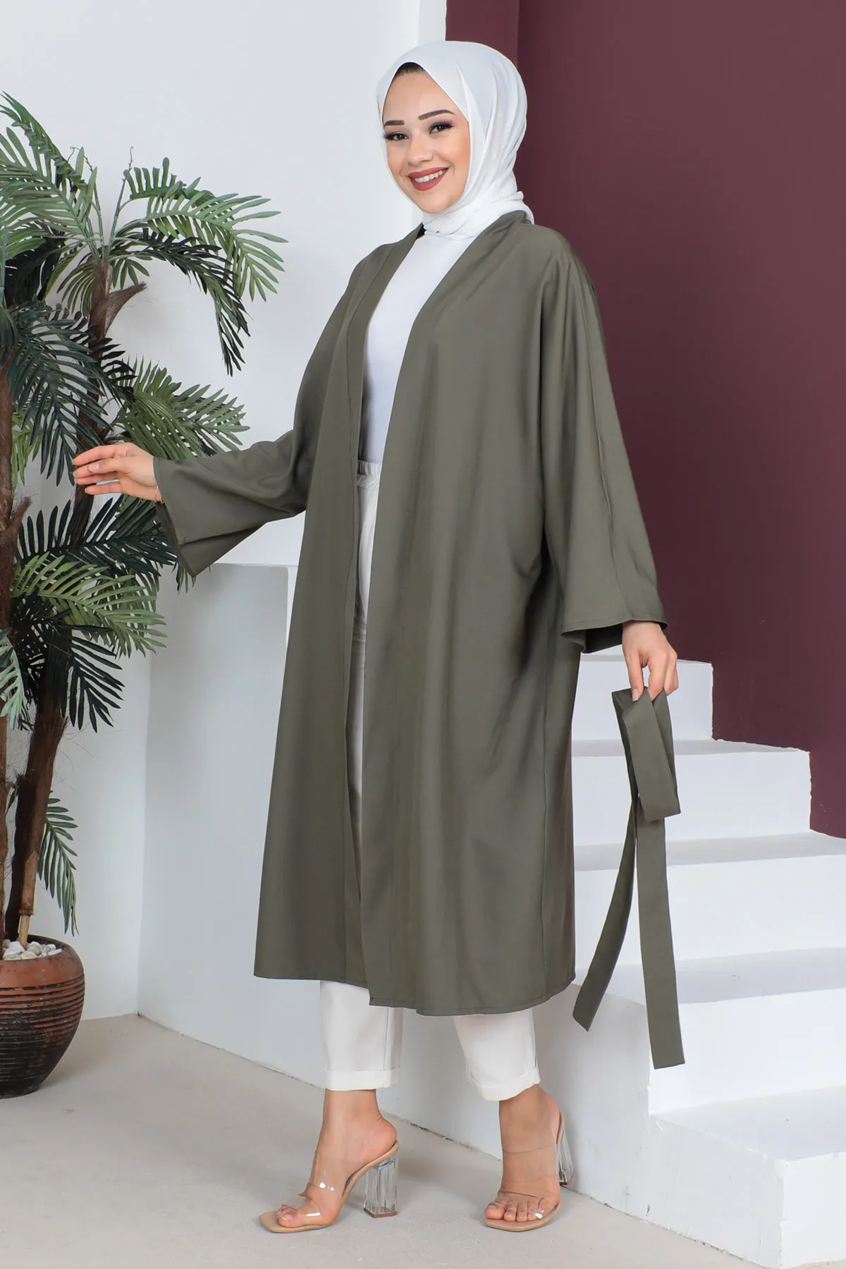 Tesettür Dünyası  Kimono mit Taillengürtel TSD230511 Khaki