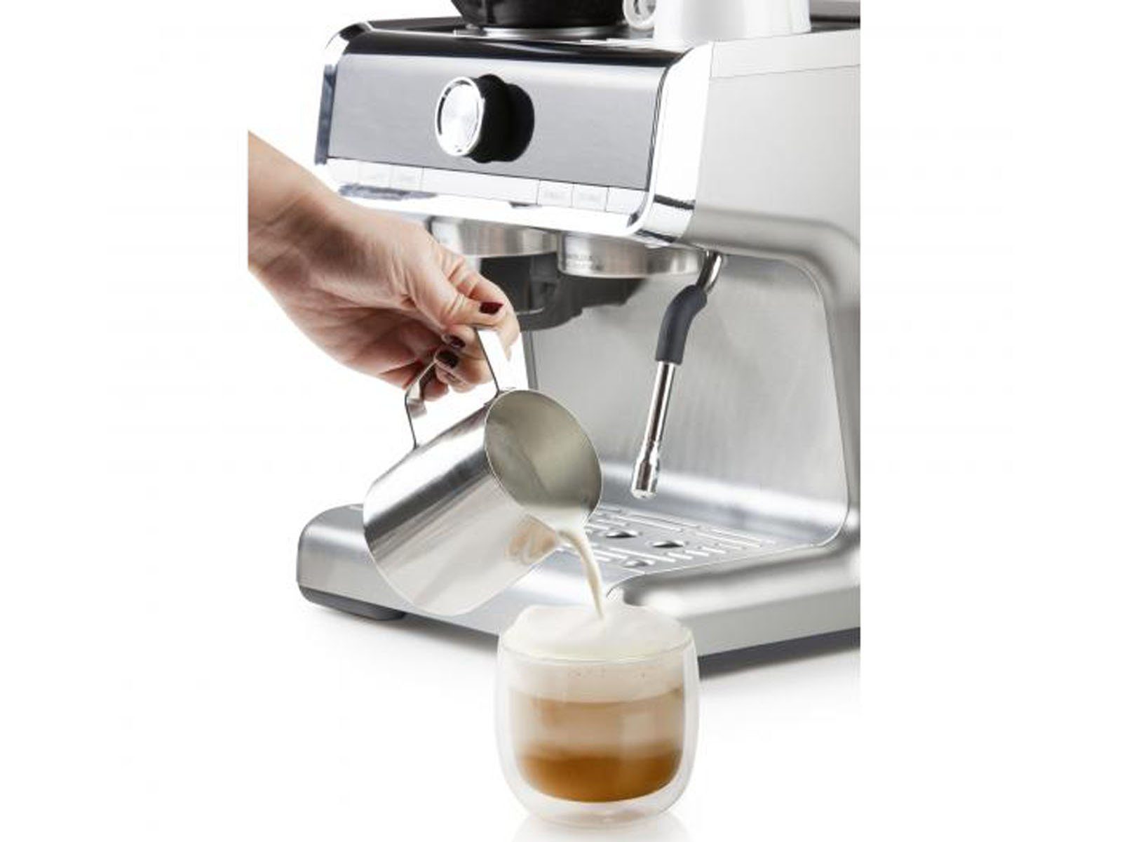 Domo Espressomaschine, Metallfilter, Siebträgermaschine mit Mahlwerk Milchschäumer & abnehmbaren Wassertank