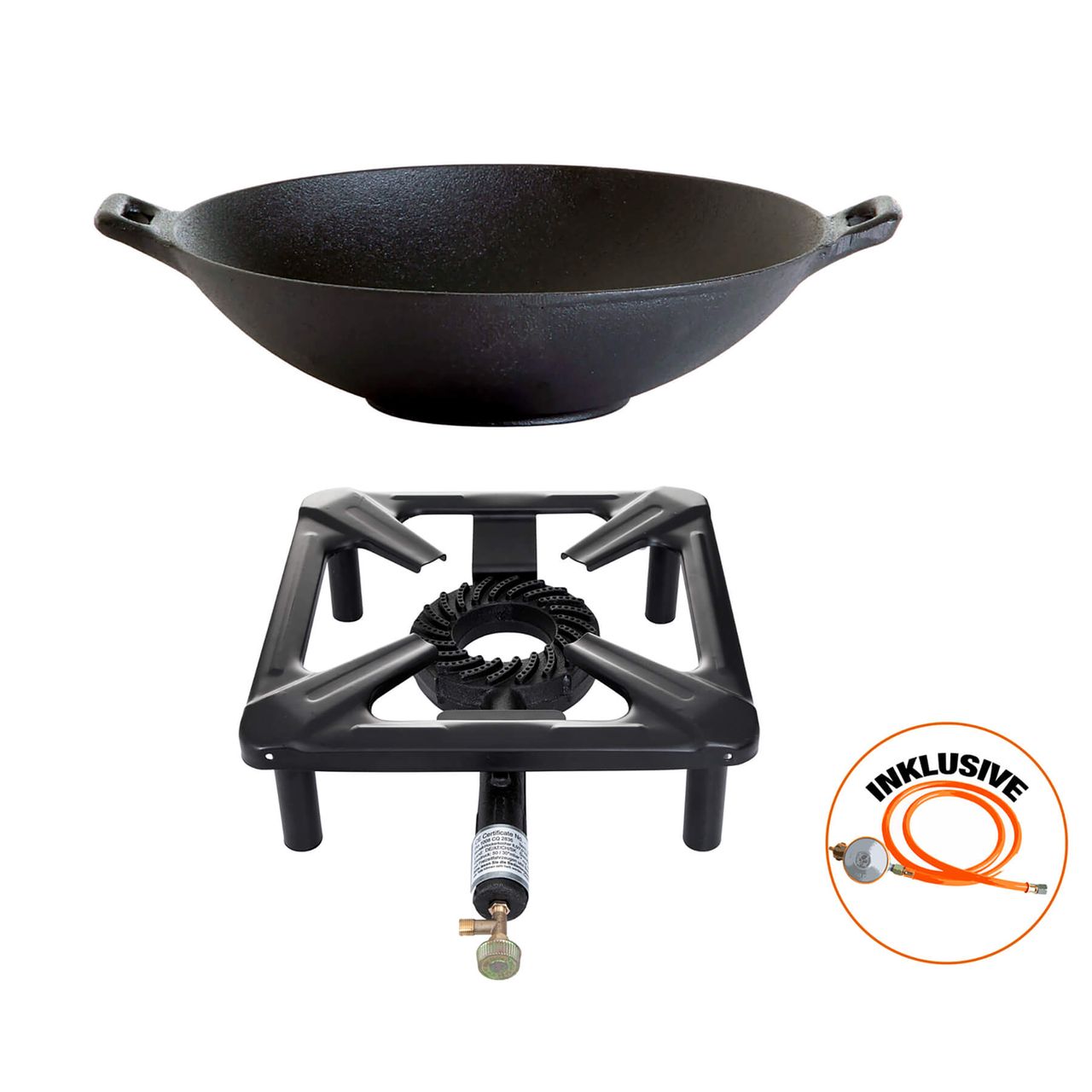 Allgrill Hockerkocher-Set mit Gusseisen-Wok Ø 37 cm inkl. Gasschlauch & Regler