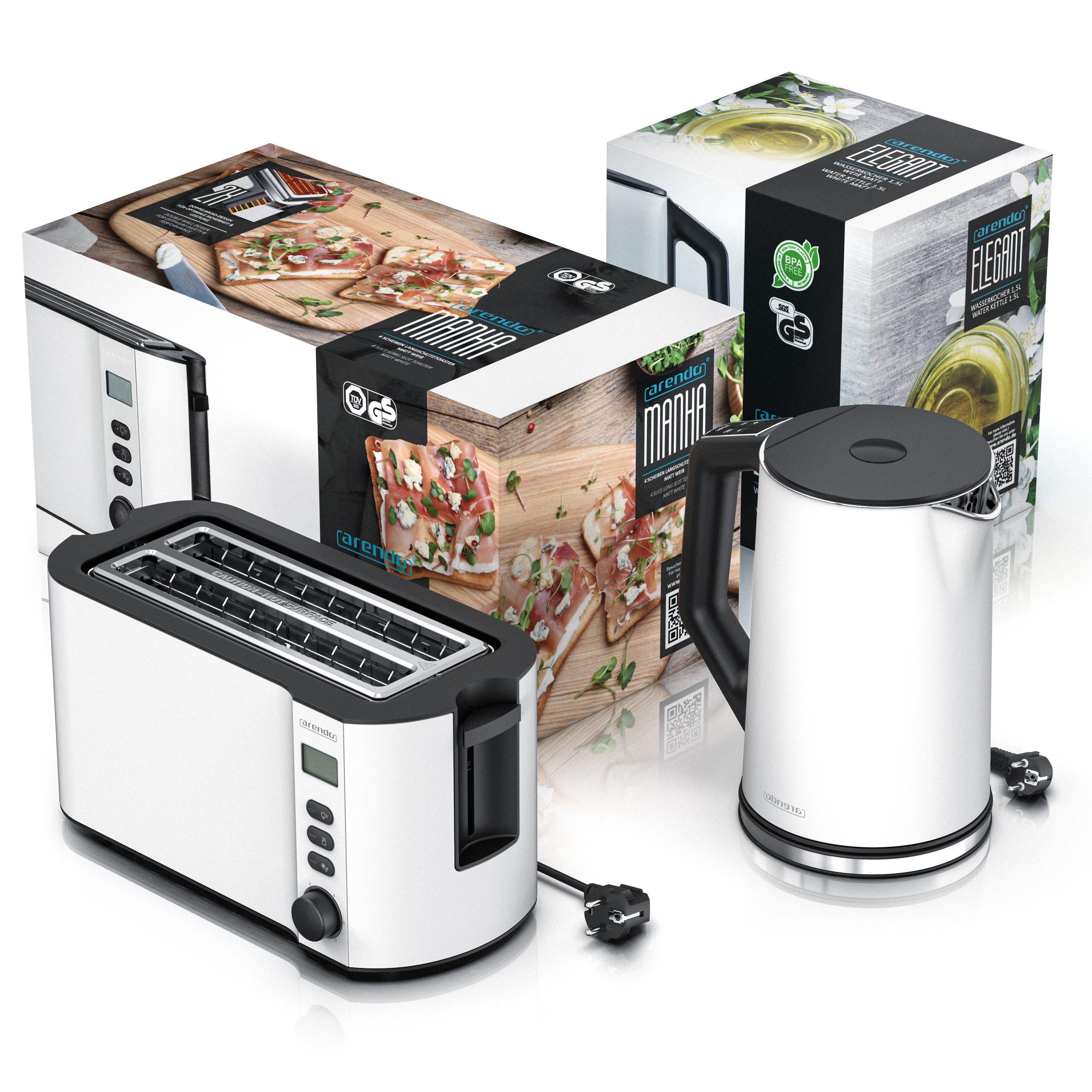 Arendo Frühstücks-Set (2-tlg), Edelstahl Wasserkocher 1,5l, 4-Scheiben Langschlitz Toaster, Weiß Matt