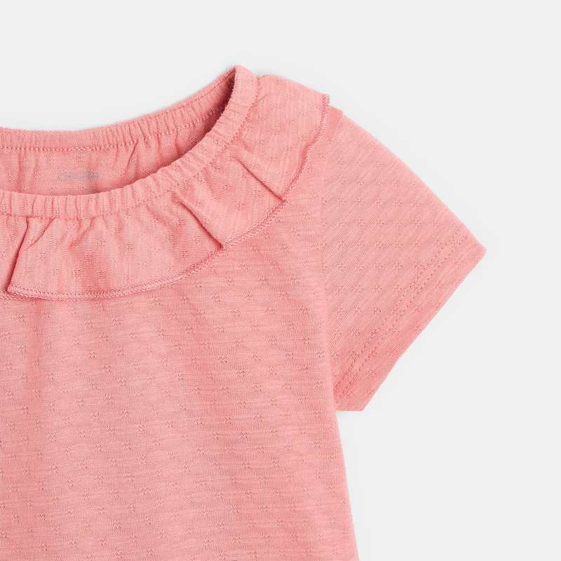 T-shirt col volanté maille fantaisie rose bébé fille