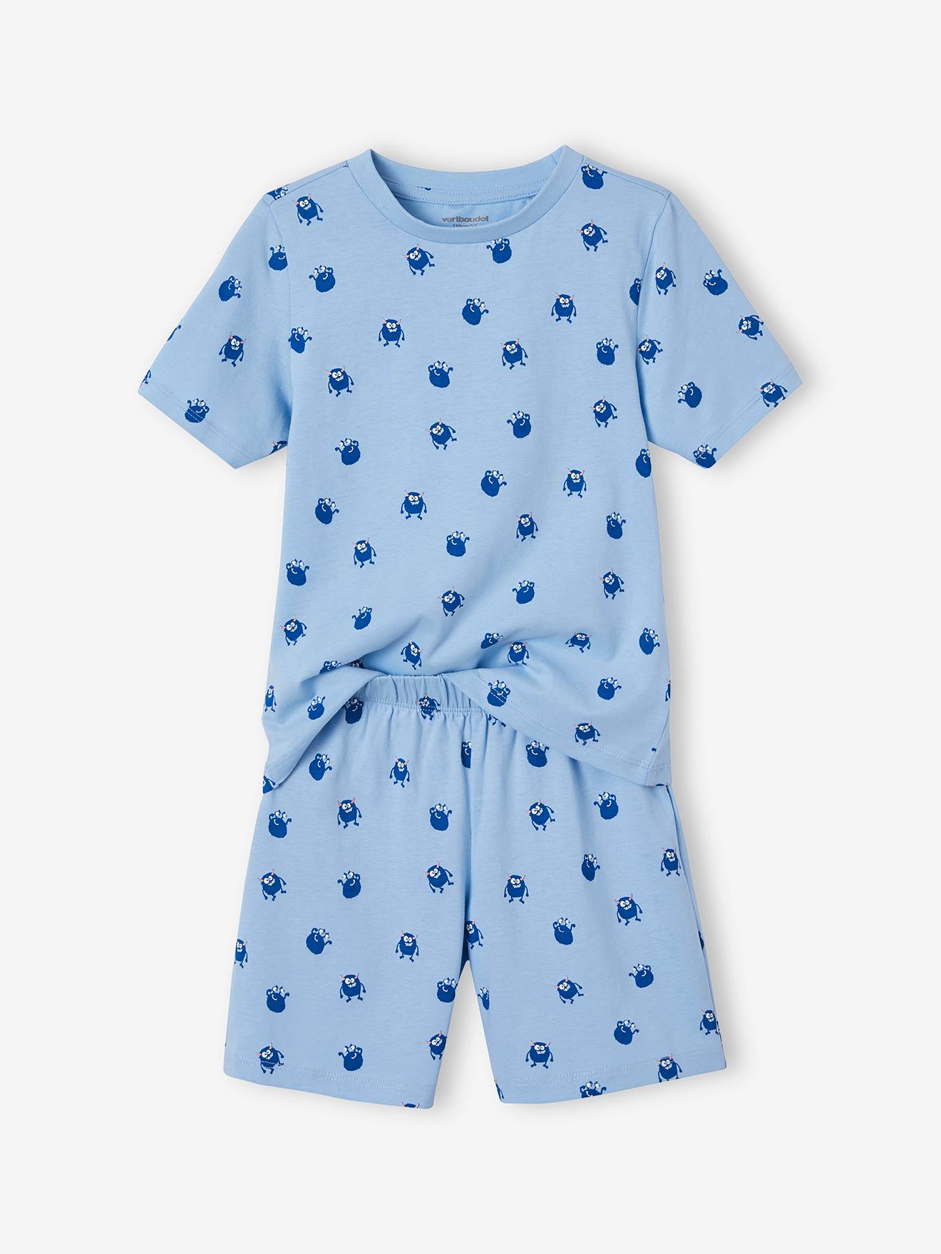 Pyjashort maille nid d'abeille imprimé monstres garçon bleu ciel