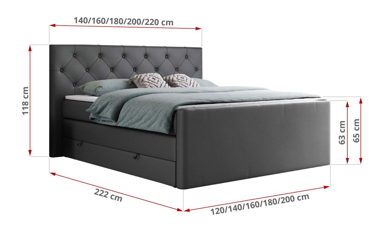 MKS MÖBEL Boxspringbett KING VELEN, Doppelbett mit Multipocket-Matratze, Polsterbett mit Kopfstütze