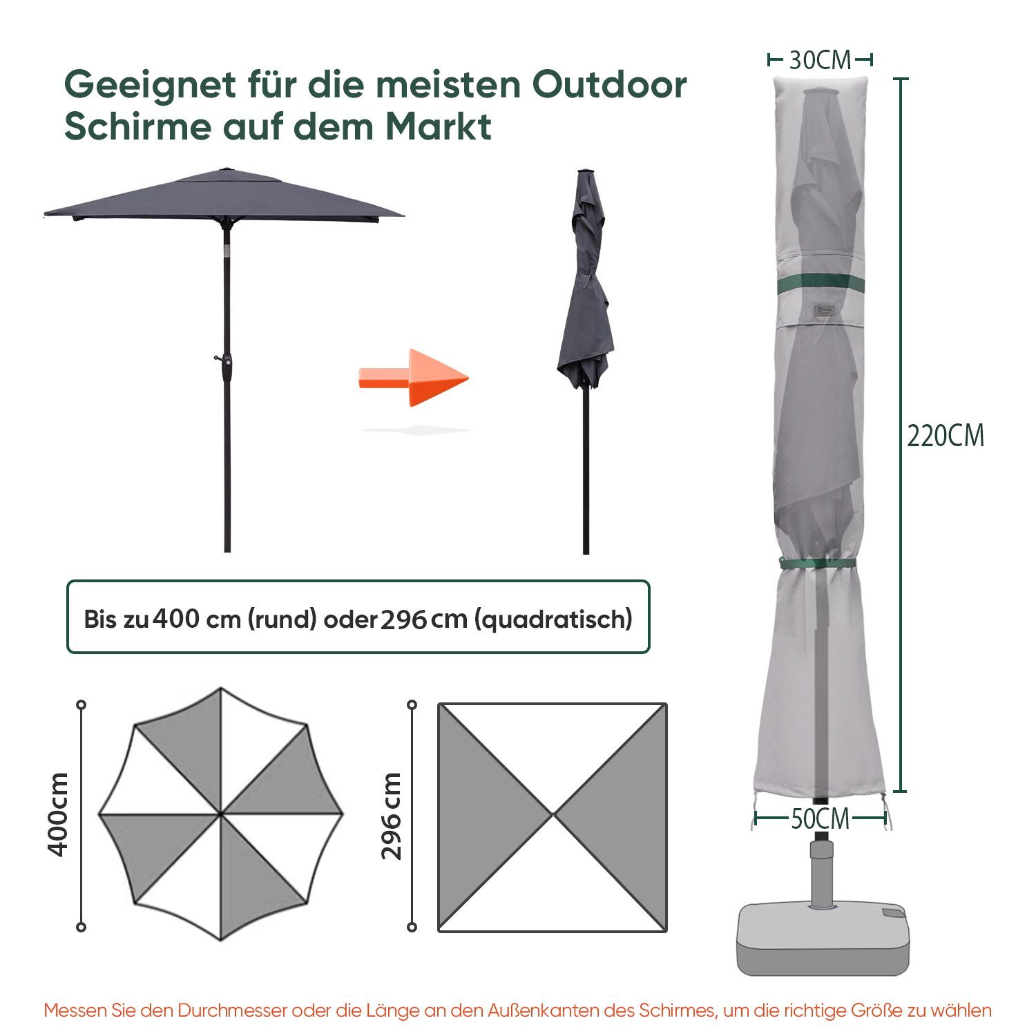 Sekey Sonnenschirm-Schutzhülle Marketschirm Abdeckhauben mit Stab und Reißverschluss, bis Ø 400 cm, für Sonnenschirme bis zu Ø 400 cm, eckige Sonnenschirme 200 x 300 cm
