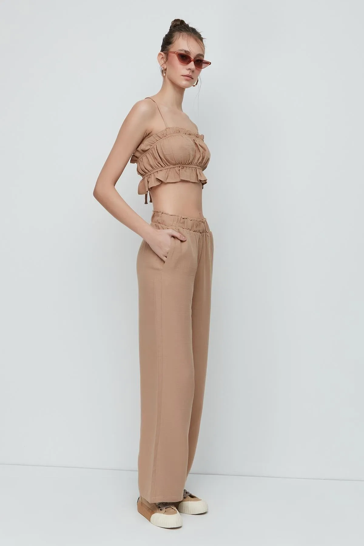 C&City  Crop-Bustier-Hosen-Set aus Bio-Baumwoll-Musselin 9124 Beige