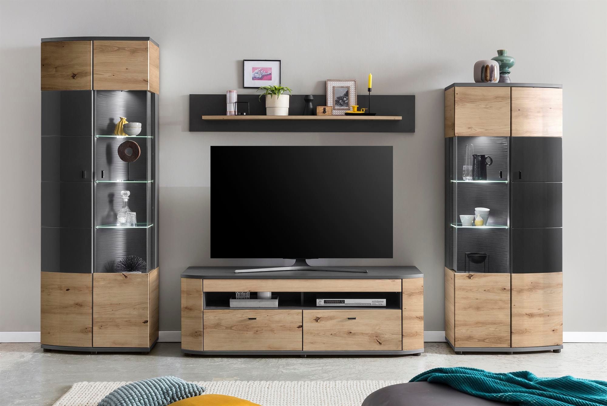 58 aufm Kessel Wohnwand Wohnzimmerschrank Jacinthe 320x200x46 Eiche/Anthrazit/Grau HG 10178, (Komplettset, 4-St), Türen mit Selbsteinzug und Dämpfung