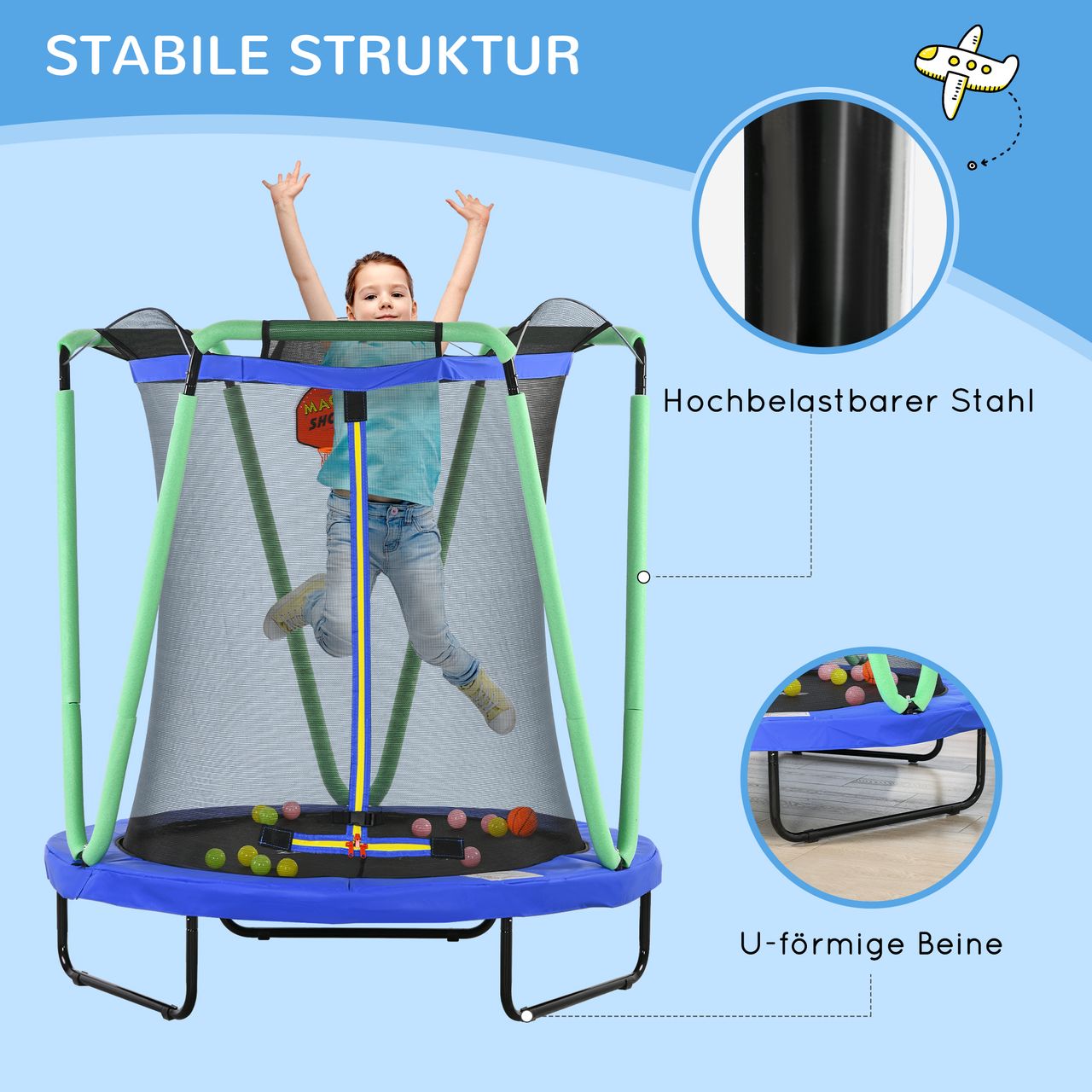 ZONEKIZ Trampolin für Kinder, Ø140 cm Kindertrampolin mit Sicherheitsnetz Blau