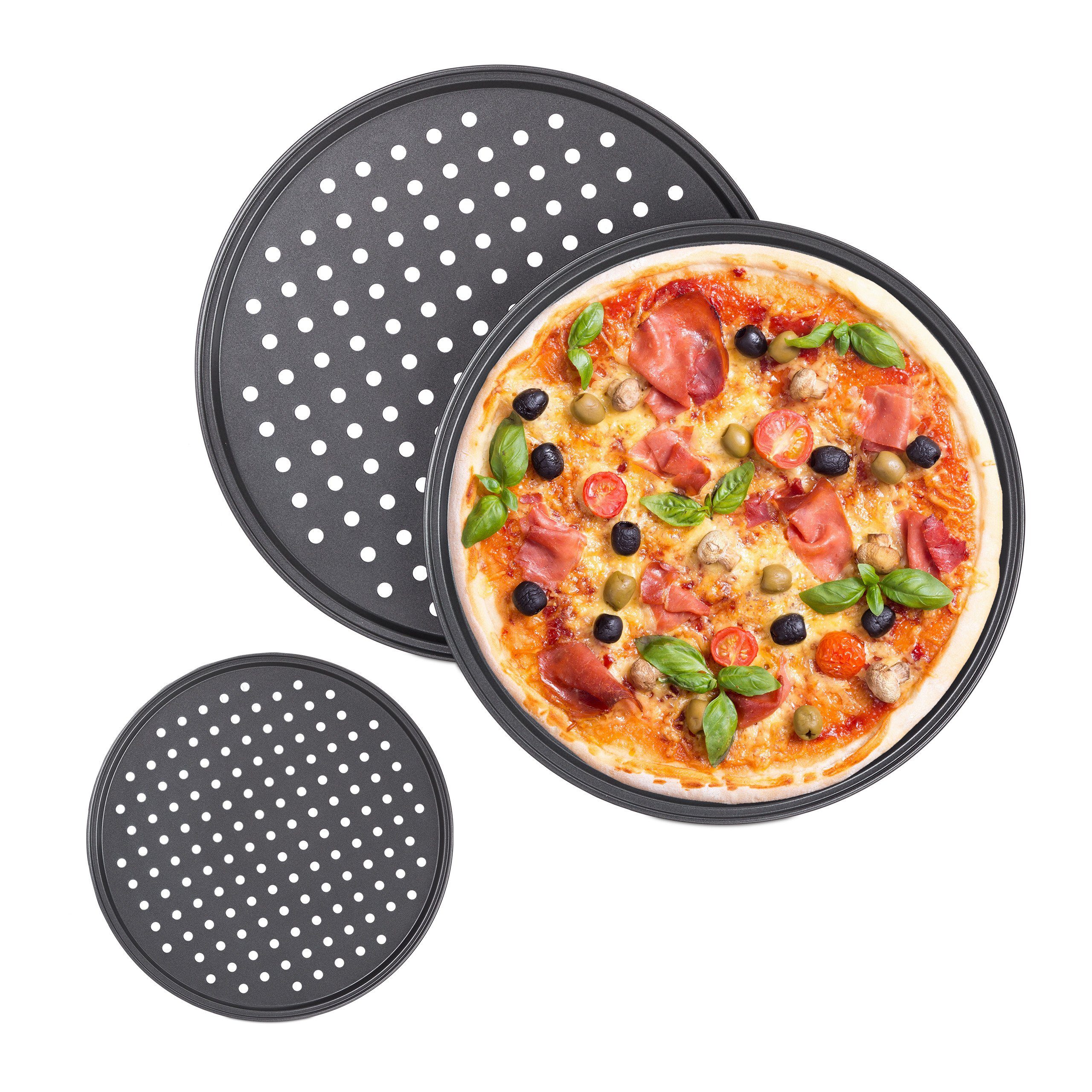 relaxdays Pizzablech Knusper Pizzablech 3er Set, Stahl