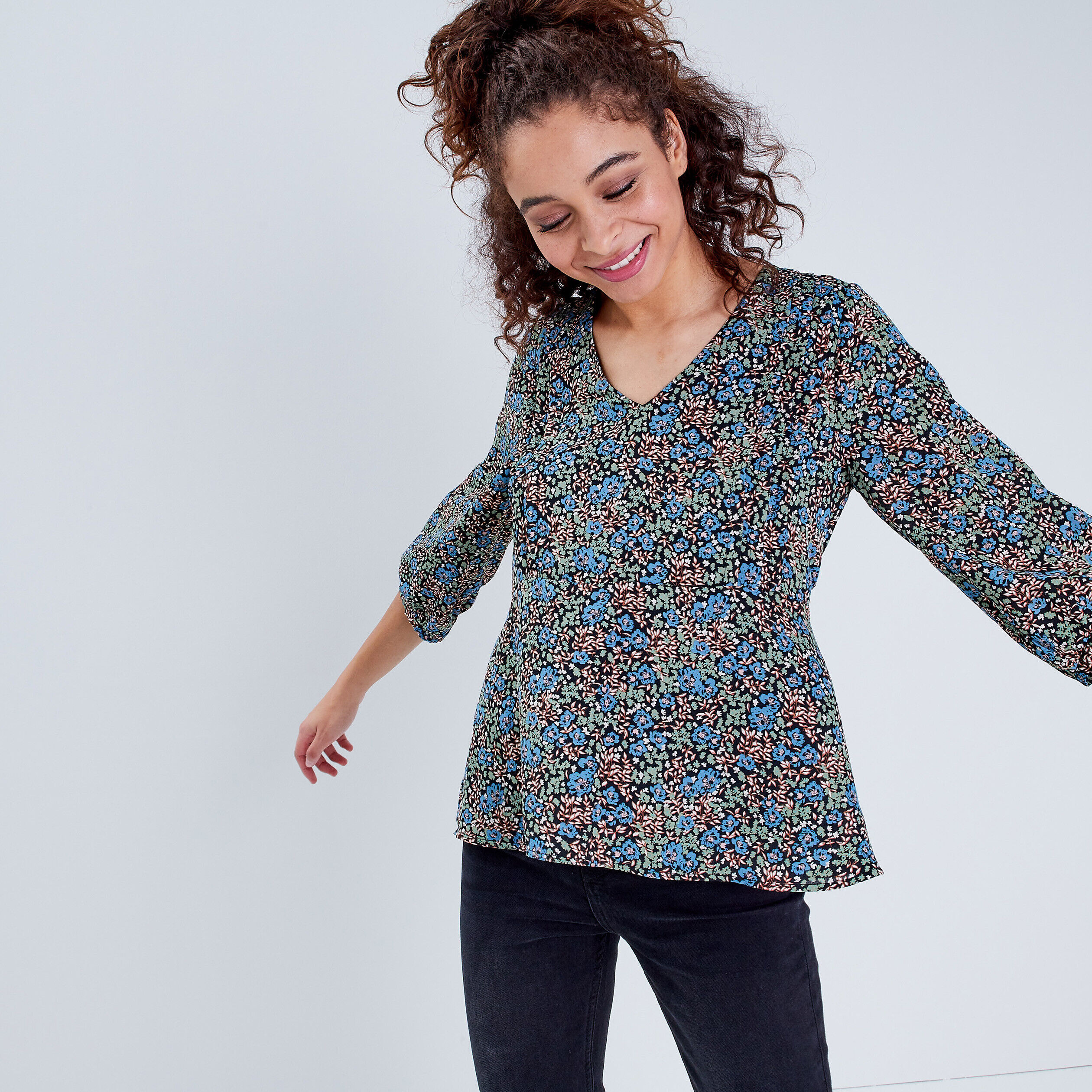Blouse large col en V denim noir femme | Cache Cache