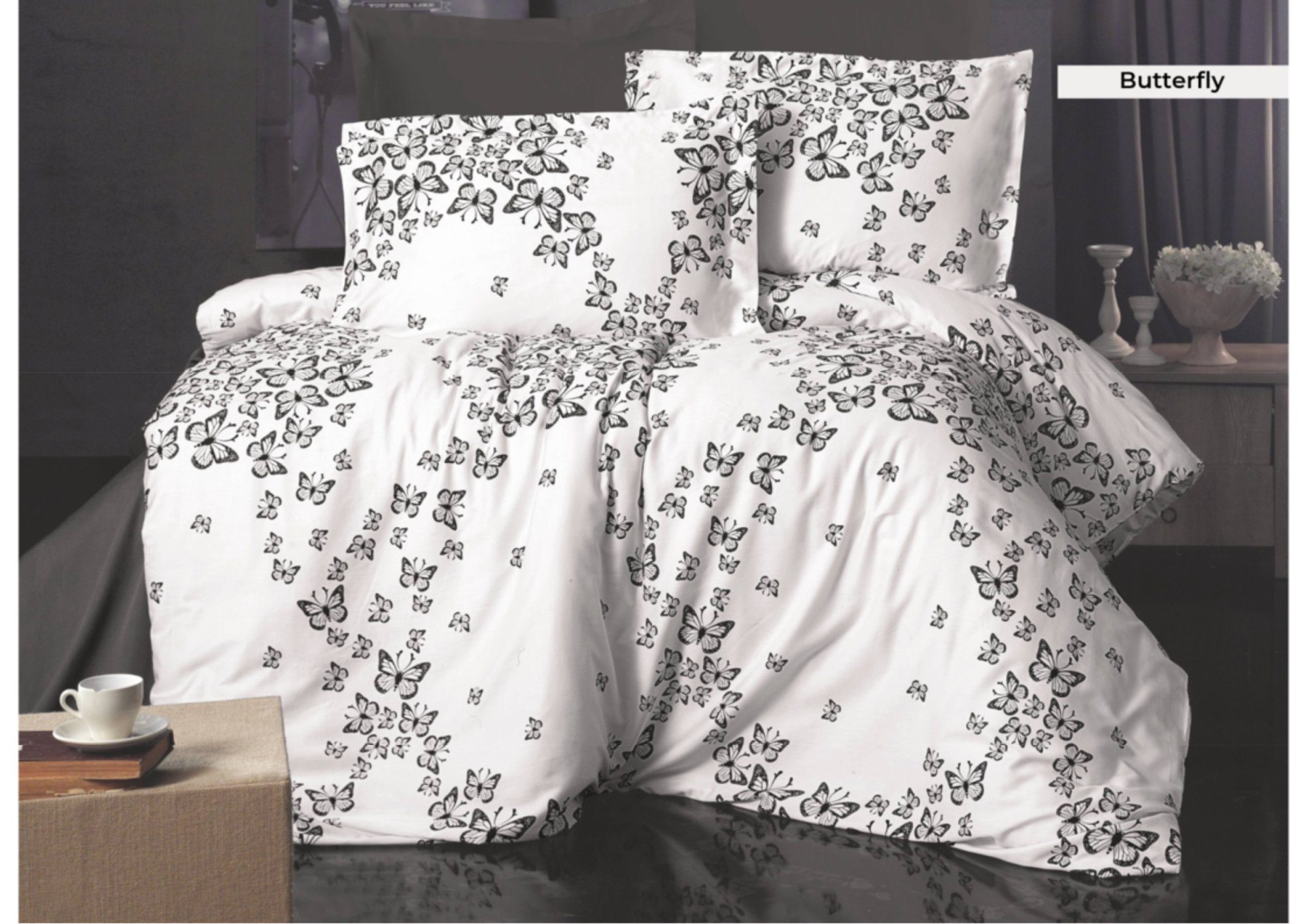 Bettwäsche Premium Bettwäsche 4tlg Baumwolle Butterfly 200x220cm, Asphald, Baumwolle, 4 teilig, Inklusive Bettlaken 220 x 240