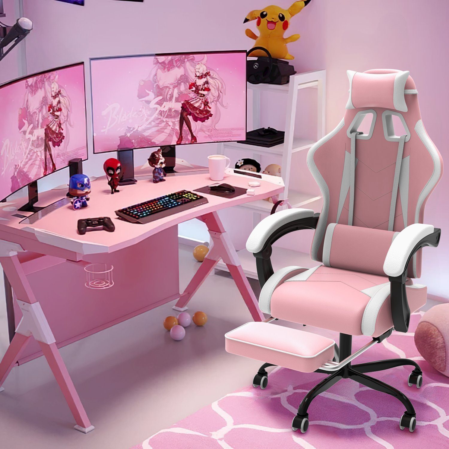 GUNJI Gaming Chair Massage Gaming Stuhl mit Fußstütze, 90-135° Rückenlehne einstellbar