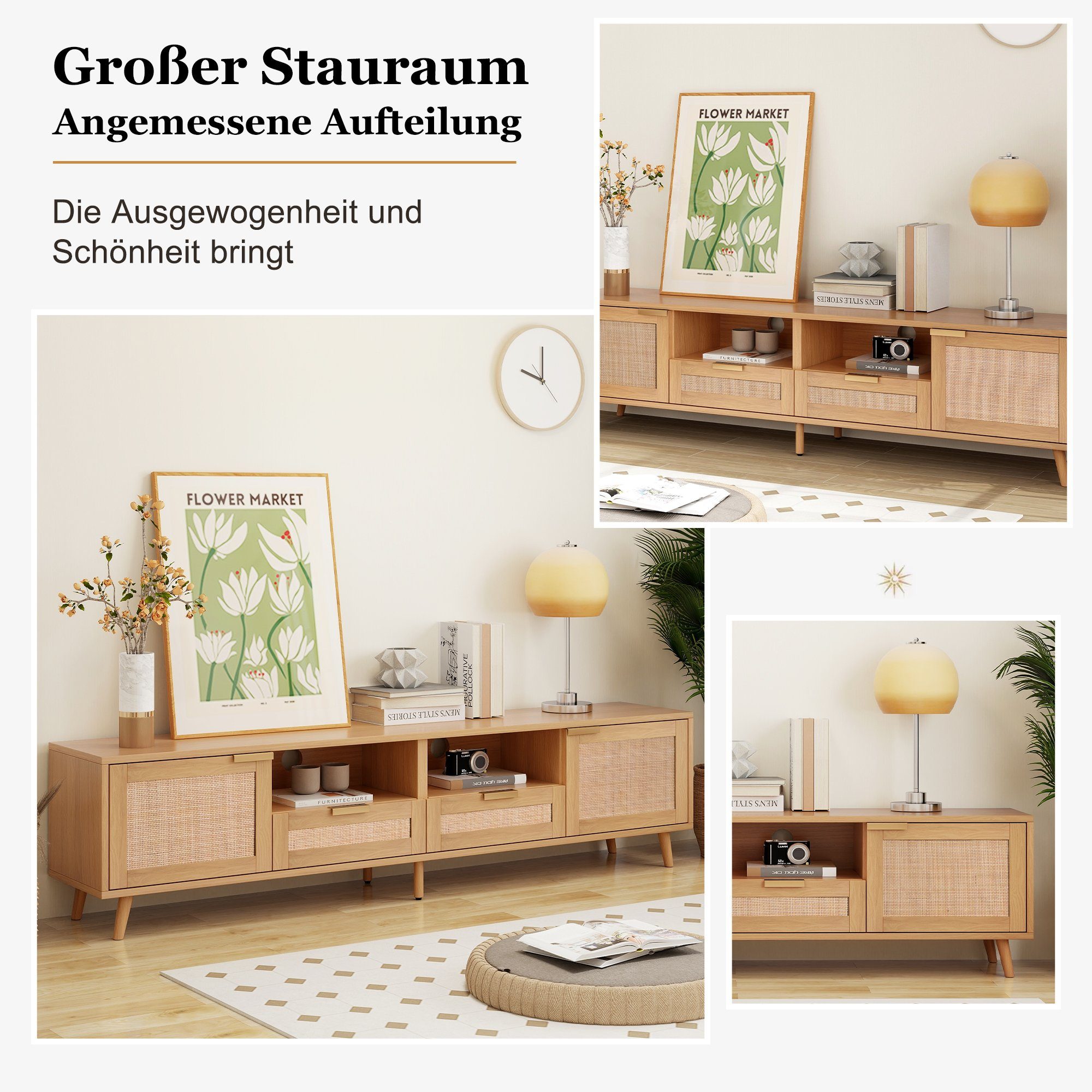 HAUSS SPLOE TV-Schrank TV-Tisch Beistellschrank Sideboard (TV-Konsolentisch,200*37*49cm) mit massiven Holzfüßen, Geflochtener Rattan-TV-Boards