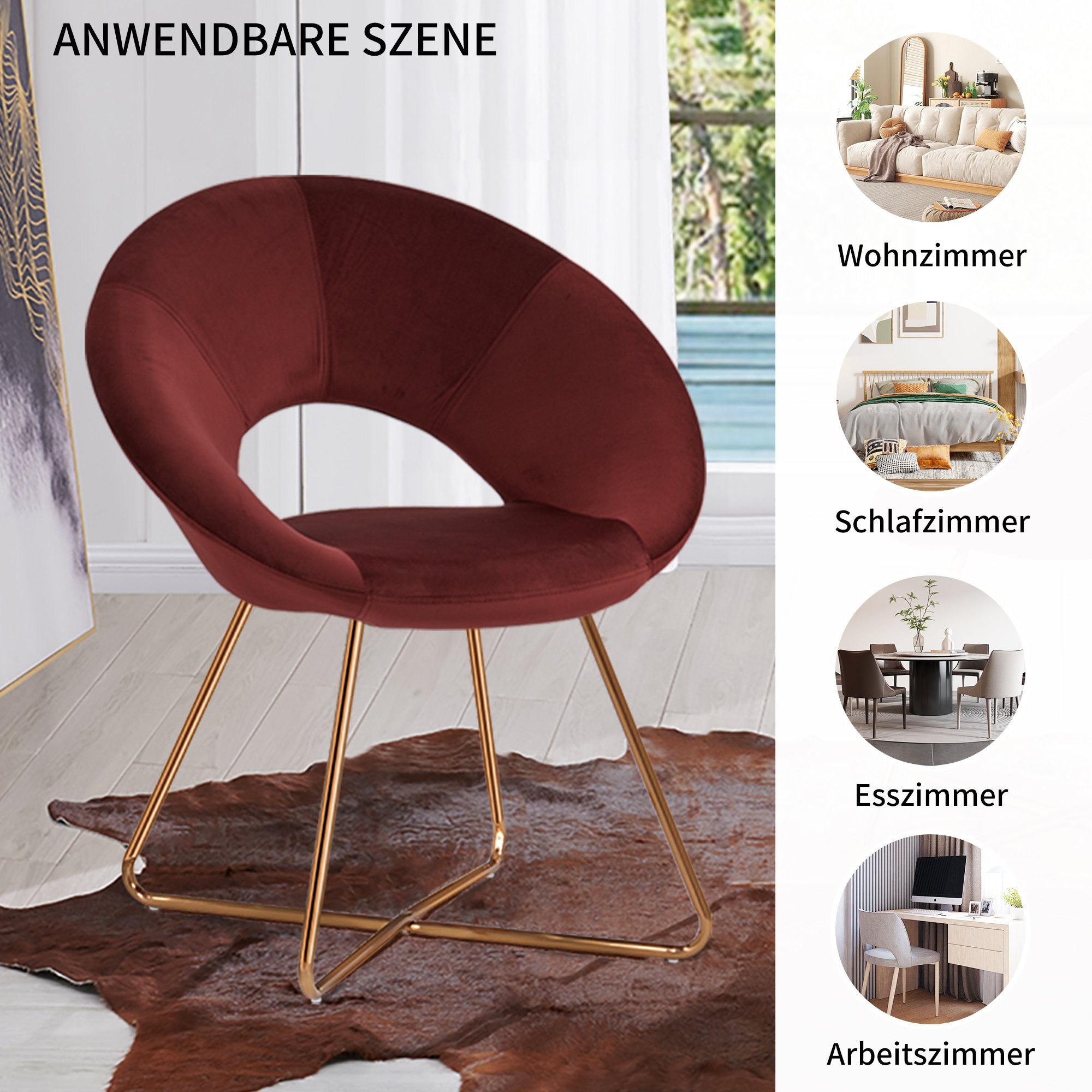 Duhome Loungesessel, Esszimmerstuhl Wohnzimmerstuhl aus Samt, Polsterstuhl Sessel, Gold Metallbeine