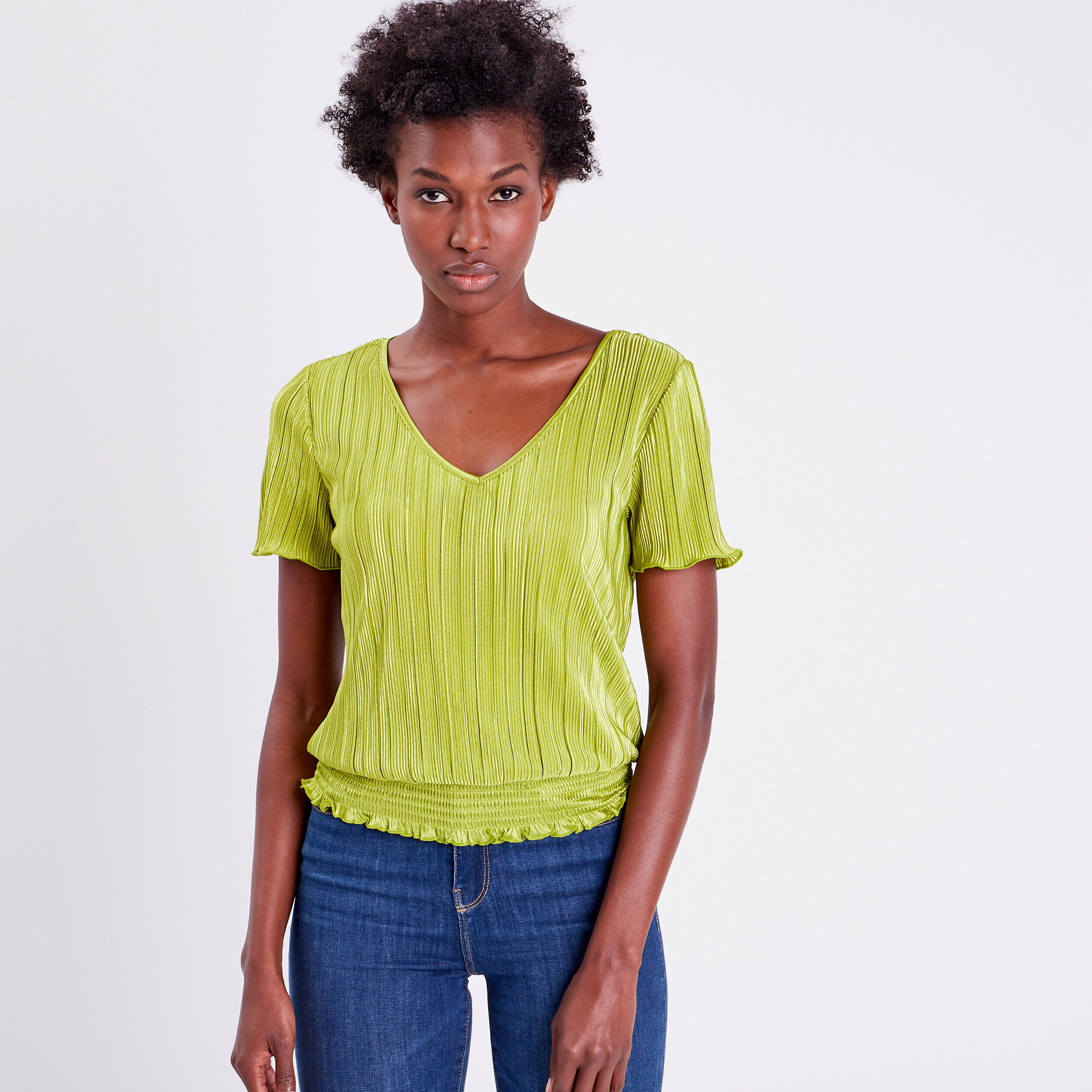 T-shirt manches courtes plissé vert anis femme | Cache Cache