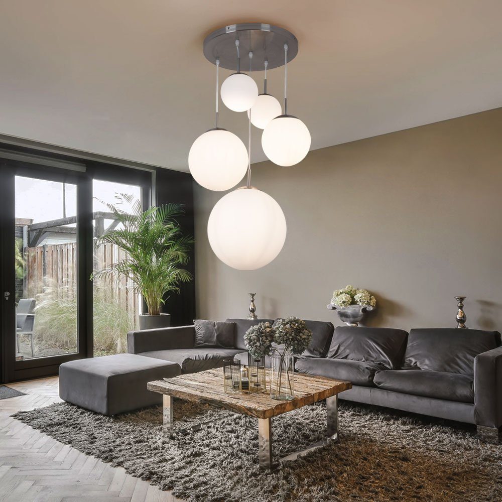 Globo Kugelleuchte, Leuchtmittel nicht inklusive, Hängeleuchte Wohnzimmerlampe 5-flammig Glas Schirm Kugel silber H 90cm