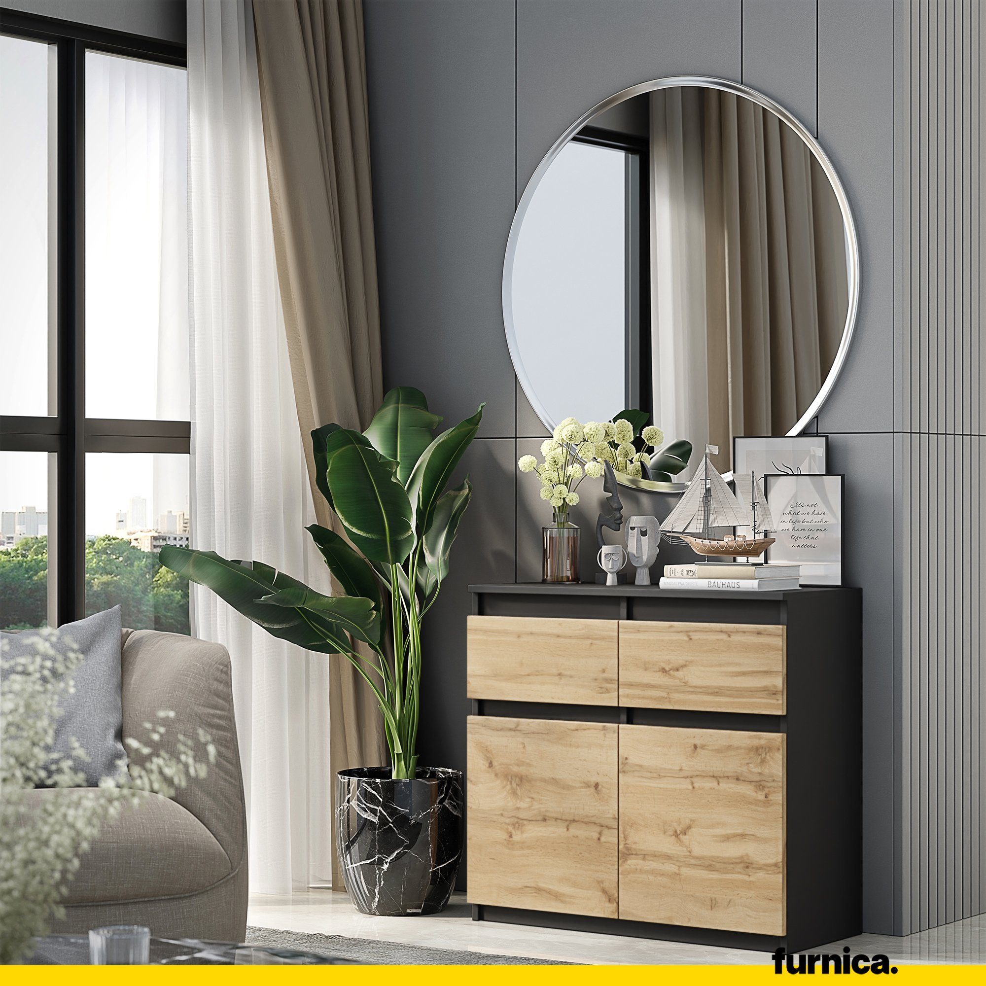 Furnica Kommode NOAH 2 Schubladen und 2 Türen - Anthrazit Grau H75cm B80cm T35cm (1 St)