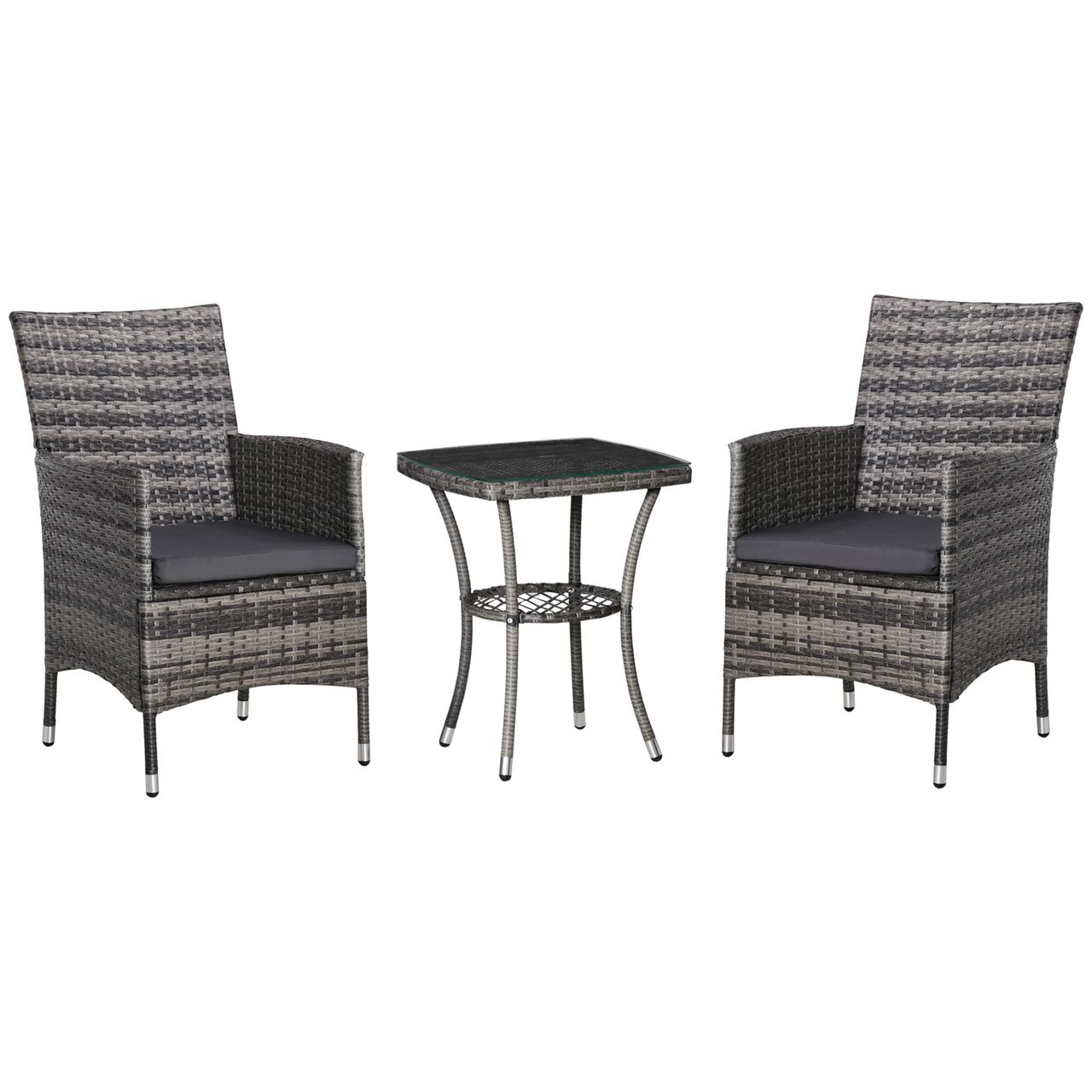 Outsunny Gartensitzgruppe mit Beistelltisch, Bistroset, 3-tlg. Rattan Gartenset Sitzgarnitur mit Sitzkissen Polyrattan   Stahl Dunkelgrau 60 x 58,5 x 89,5 cm