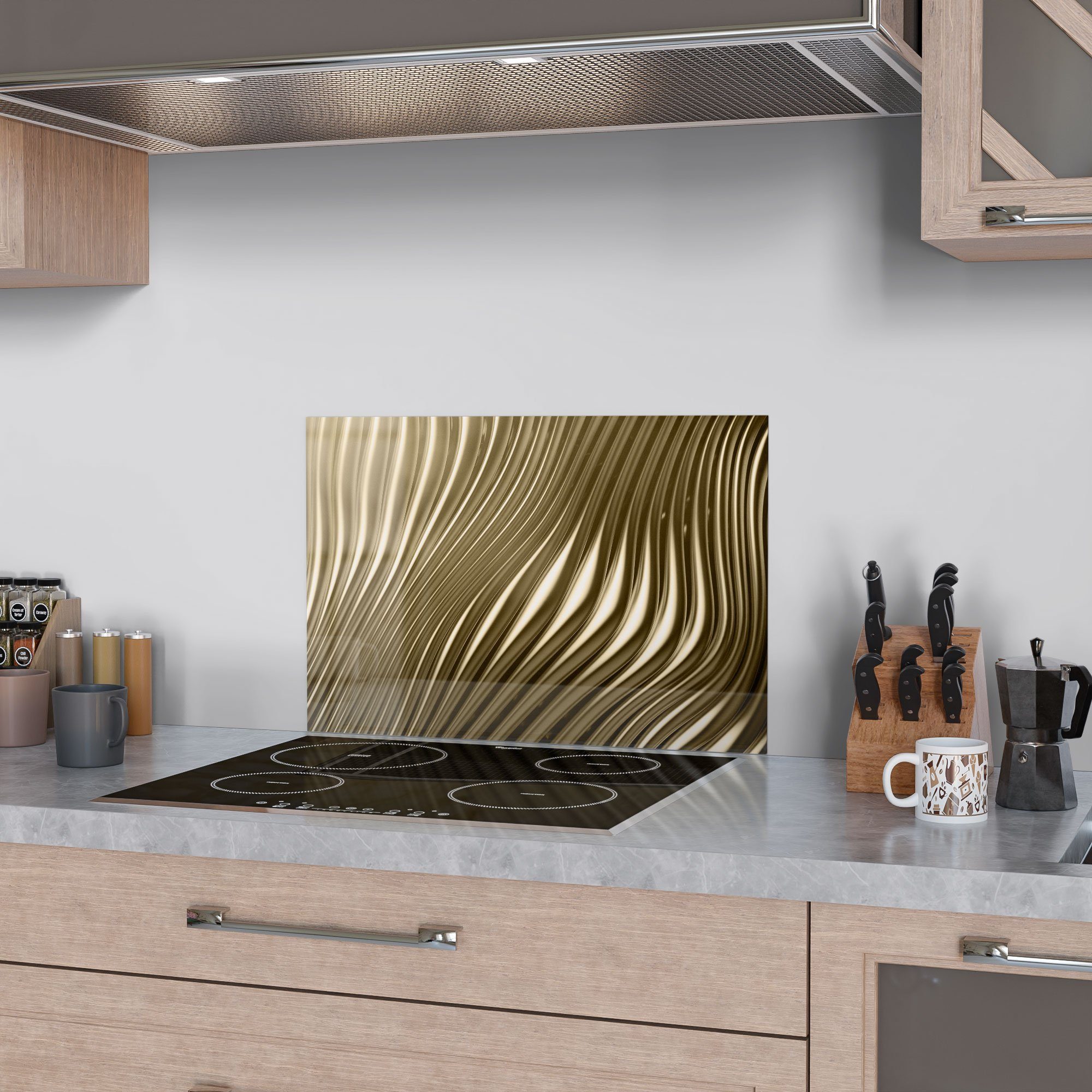 DEQORI Küchenrückwand 'Goldenes Rillendesign', Glas Spritzschutz Badrückwand Herdblende