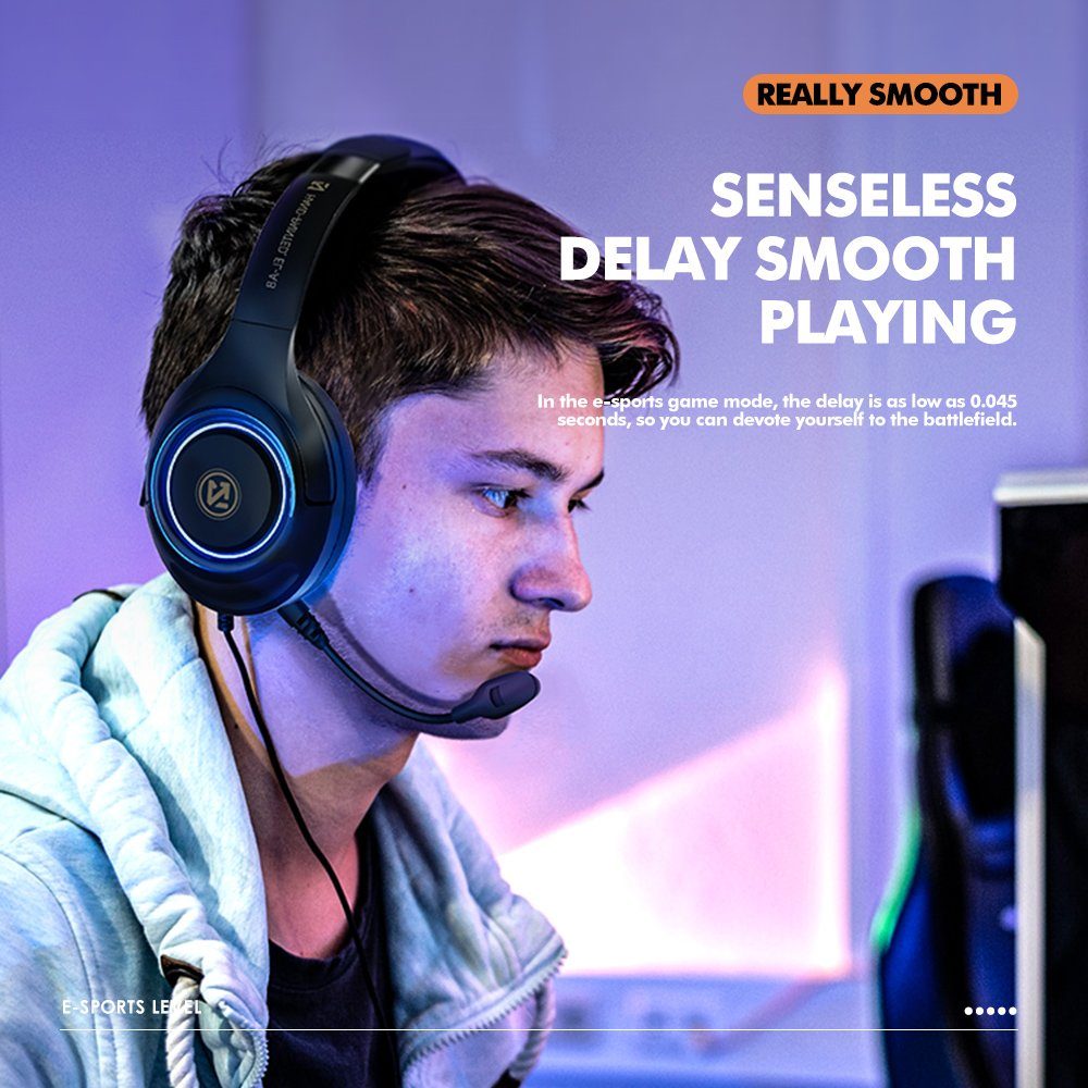 Mutoy Gaming Headset mit RGB Atemlicht&Mikrofon abnehmbar,Over Ear-Kopfhörer Gaming-Headset (Headset mit Mikrofon, Noise-Cancelling,Hi-Fi Stereo,Faltbare, Bluetooth Wireless)