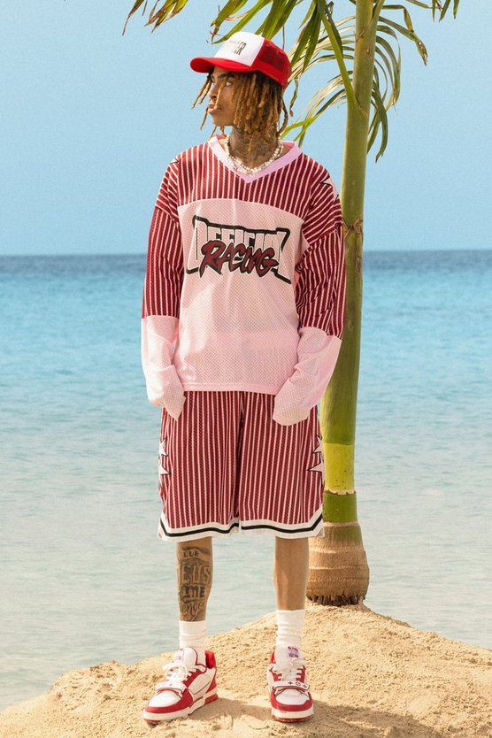 Langärmliges Oversize Mesh-Oberteil mit Official Streifen
