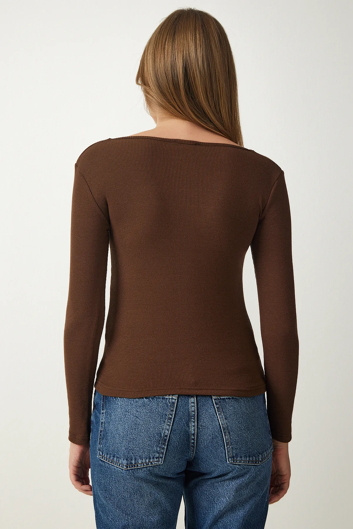 Happiness İstanbul  Braune Cord-Strickbluse mit quadratischem Ausschnitt für Damen GT00052