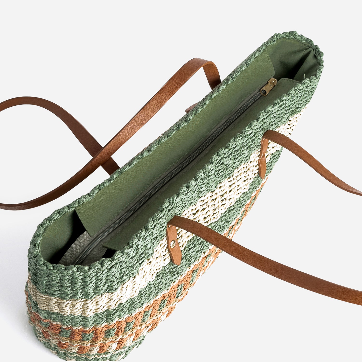 Panier kaki, écru, terracotta, beige tressé