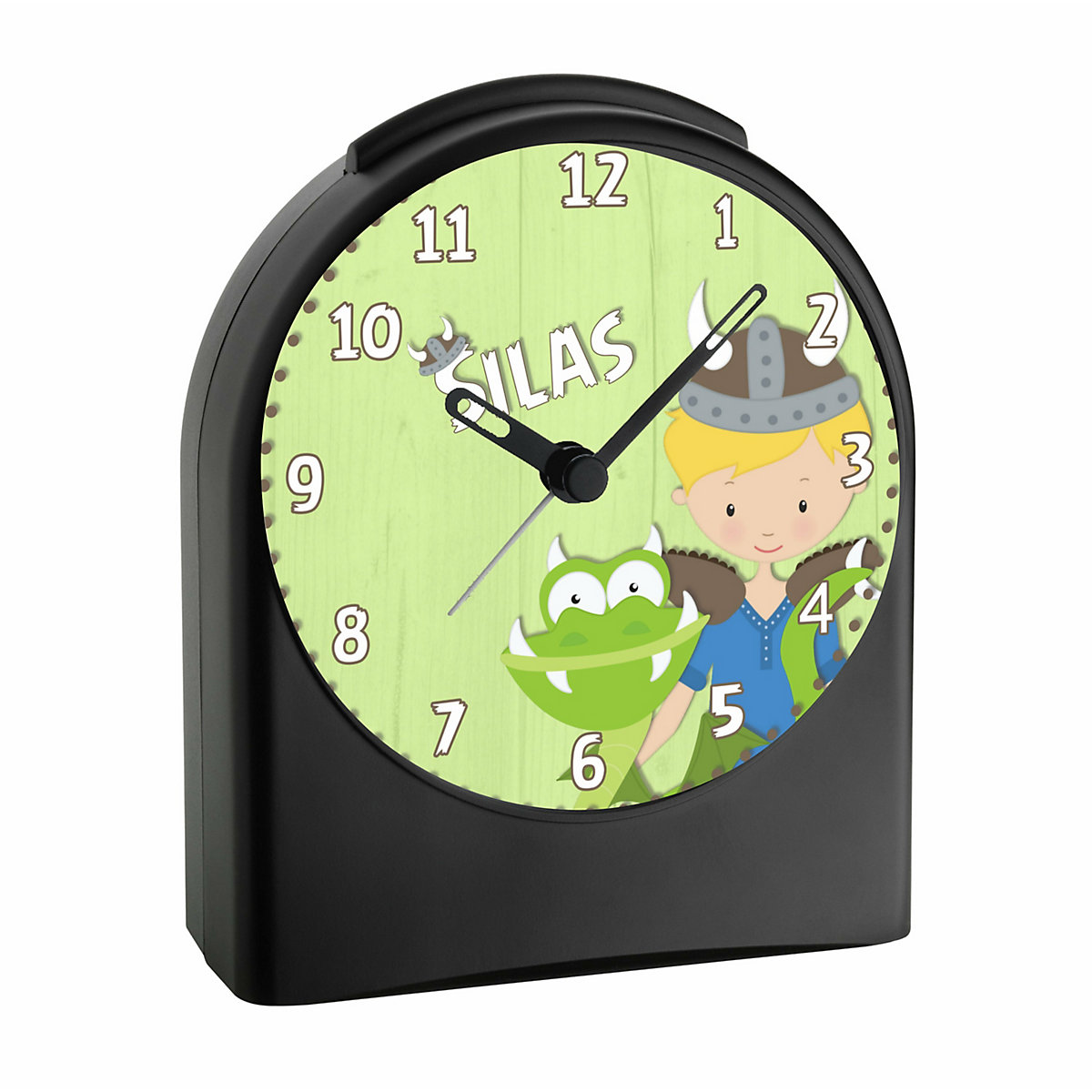 Kinder Funkwecker personalisiert mit Namen Wikinger Atom-/Funkuhr, 12-Stunden-Anzeigeformat, Schlummerfunktion, Nachtlicht, Geräuschlos/Ohne Ticken