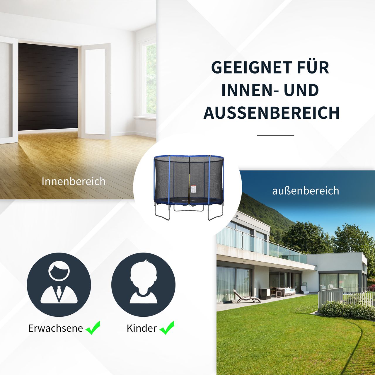 HOMCOM Trampolin mit Sicherheitsnetz Gartentrampolin für Innen- und Außenbereich Blau Schwarz bis 113,6 kg Ø305 x 248H cm