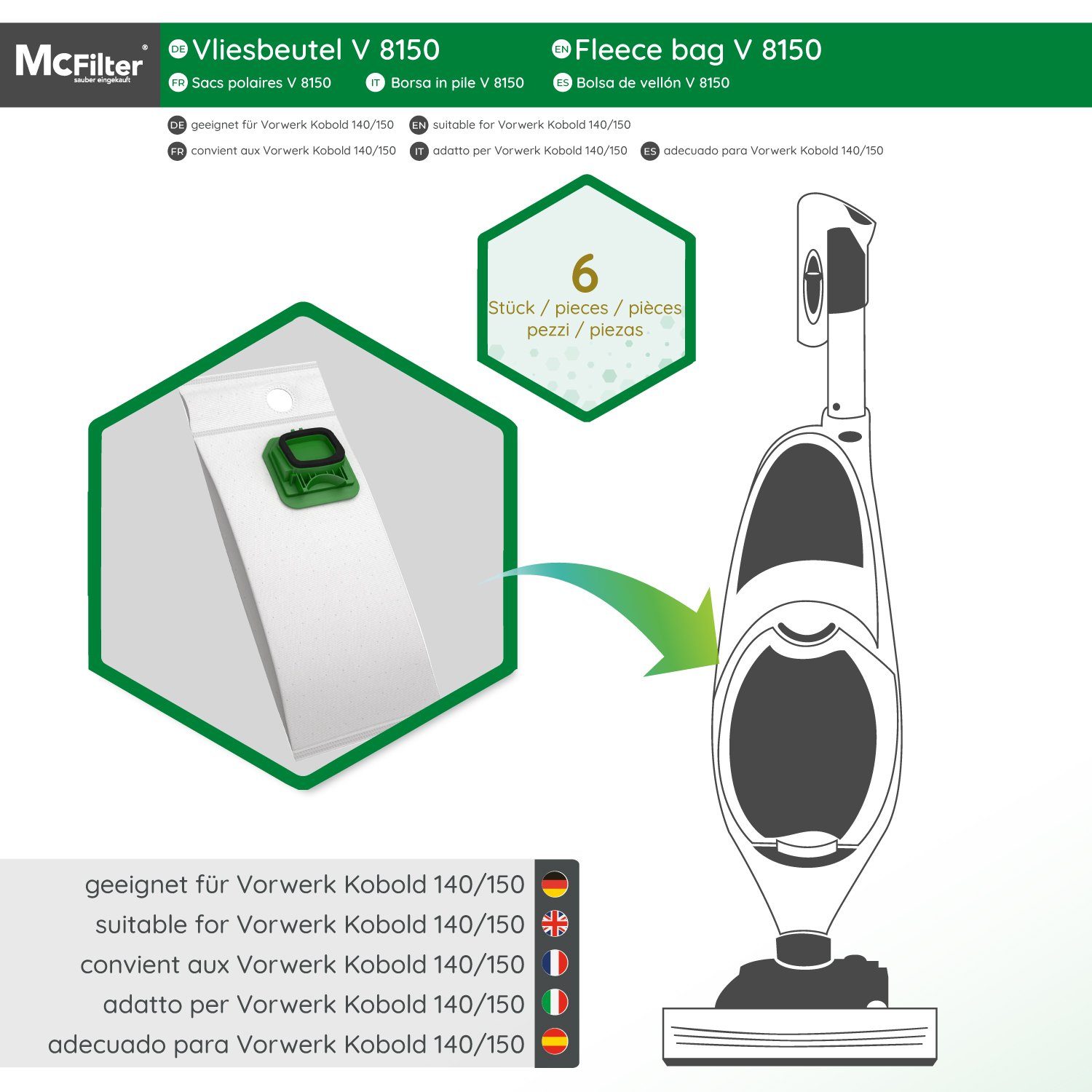 McFilter Staubsaugerbeutel geeignet für Vorwerk Kobold VK 140 VK 150 FP 140 FP 150, 6 St., 5-lagig, Mikrovlies, Kunststoffdeckscheibe mit Staubverschluss