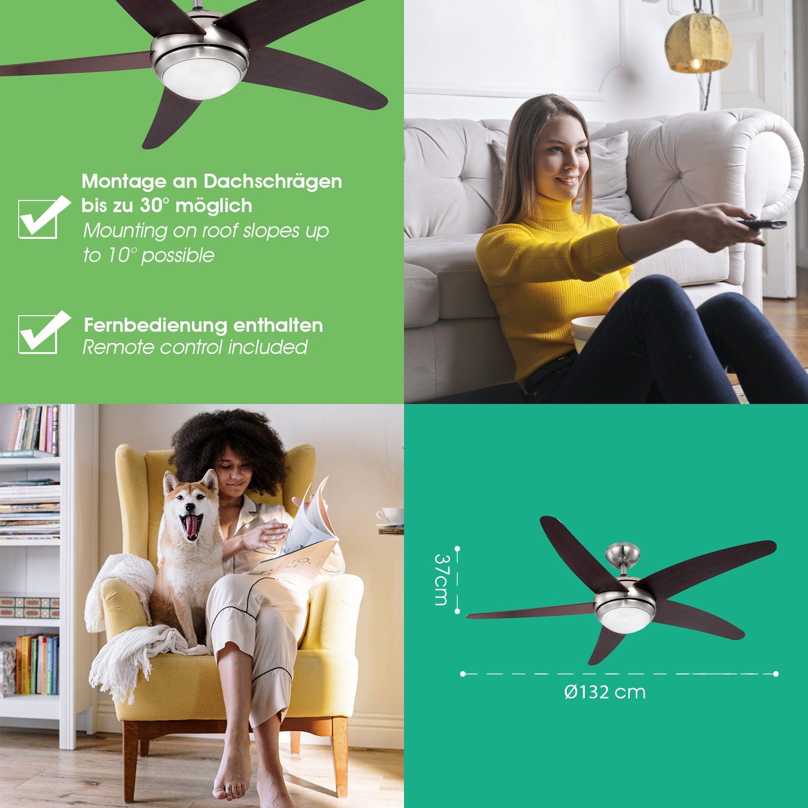 bmf-versand Deckenventilator Deckenventilator sehr leise mit Licht 132 cm Deckenlampe inkl.