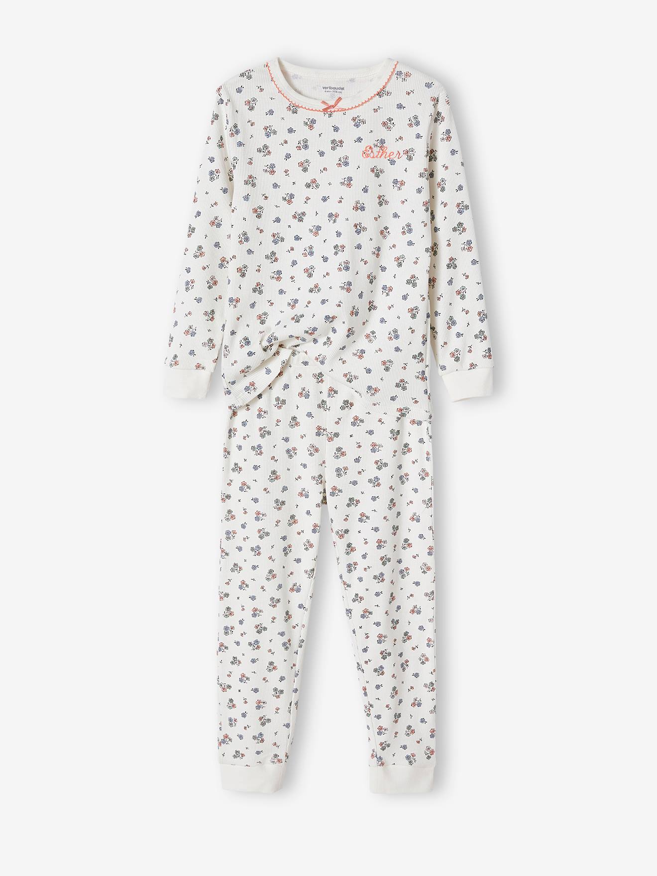 Vertbaudet Mädchen Schlafanzug aus Rippmaterial, personalisierbar - wollweiß