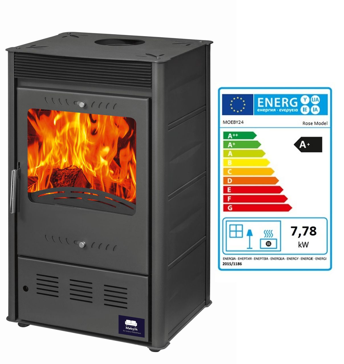 Moeby24 Kamin Ofen Kaminofen Anthrazit 150mm Rauchrohr 7,78 KW BimSchV 1-2 EEK A  Rose