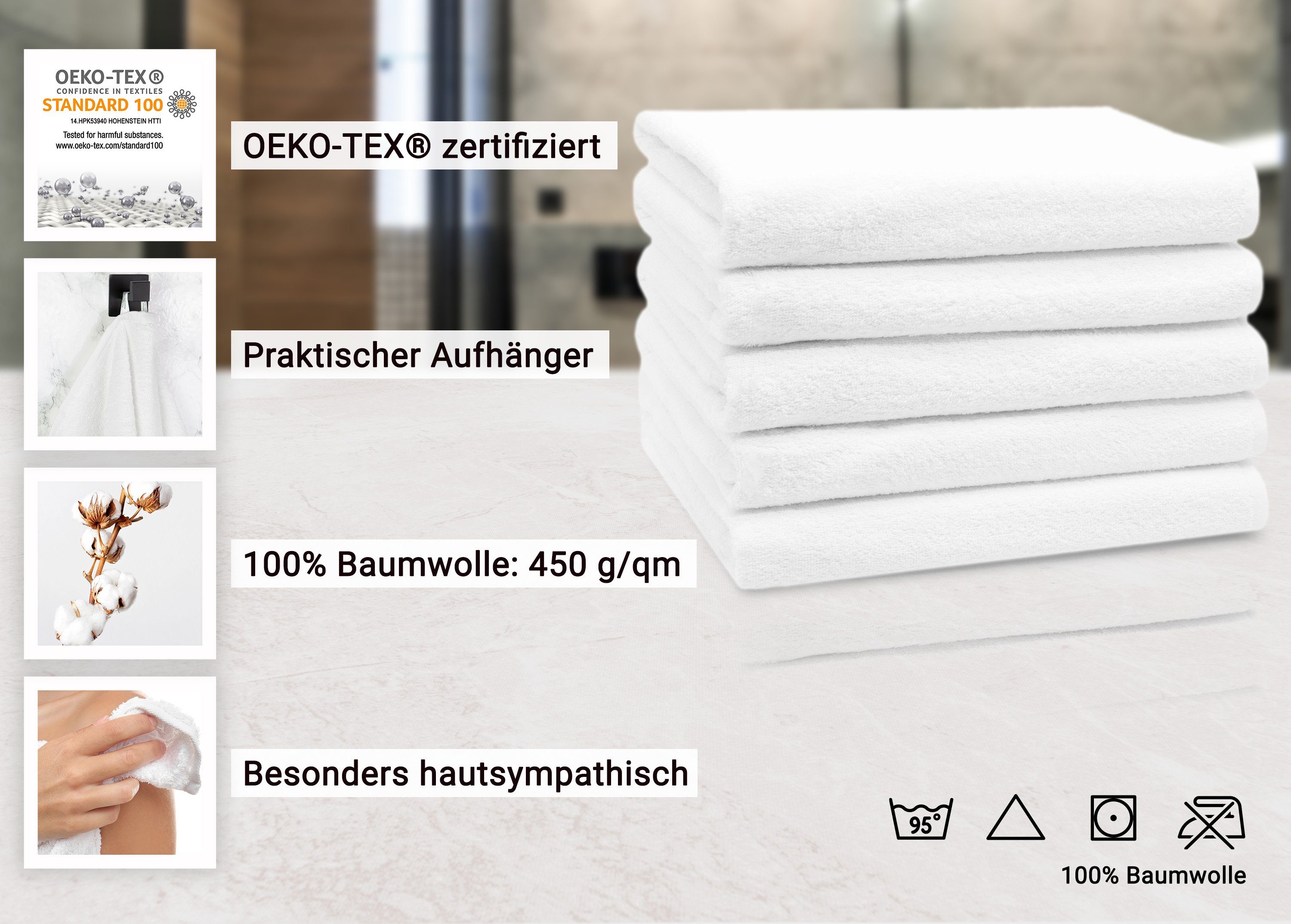 ZOLLNER Duschtücher, Walkfrottier (5-St), 70 x 140 cm, 100% Baumwolle, vom Hotelwäschespezialisten