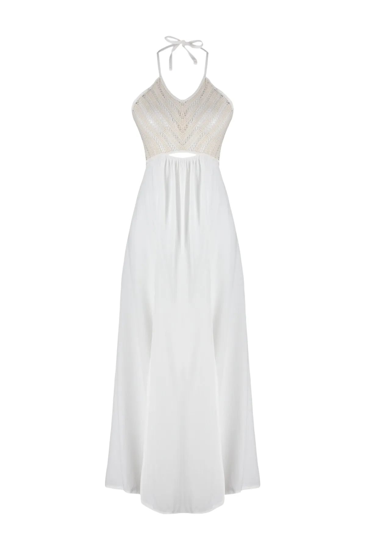 Trendyol Collection  Ecrufarbenes, gewebtes Midi-Strandkleid mit Ausschnitten und Fenstern TBESS23EL00322