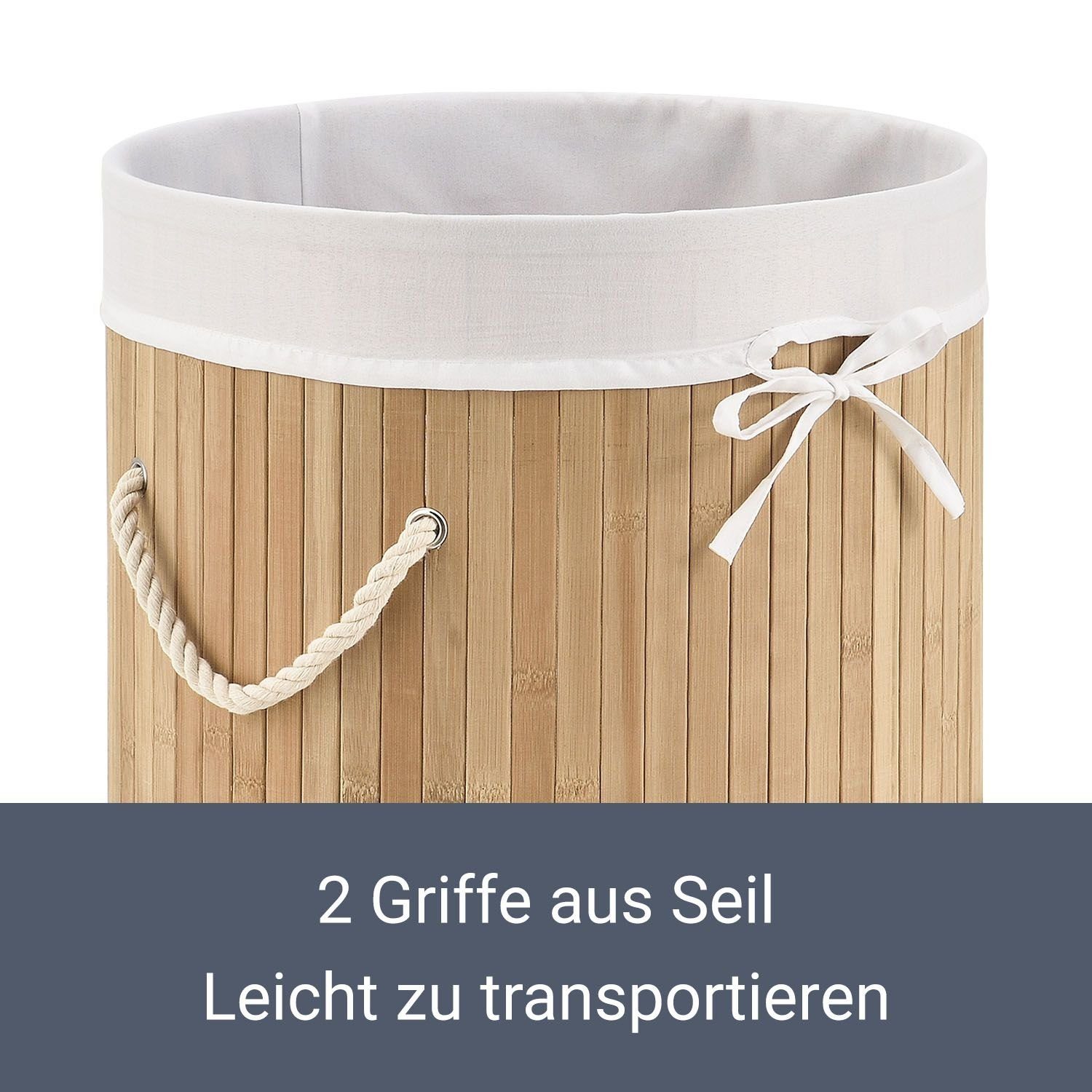 Juskys Wäschekorb Curly-Round, 55 l, mit Tragegriffe, Deckel, Wäschesack waschbar, platzsparend