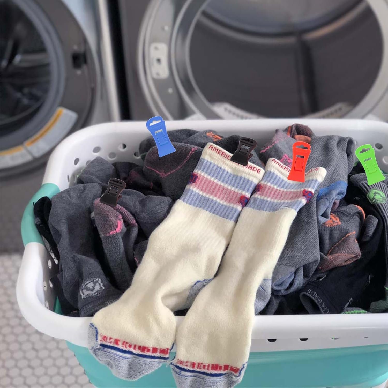 ASLENY Wäschenetz 60 Stück Sockenklammern für Waschmaschine und trockner,(60-St., Haken Sockenklammer Direkt in Die Schublade OHNE Sie zu Falten), Sockenclips mit Haken, Sockenhalter Waschmaschine