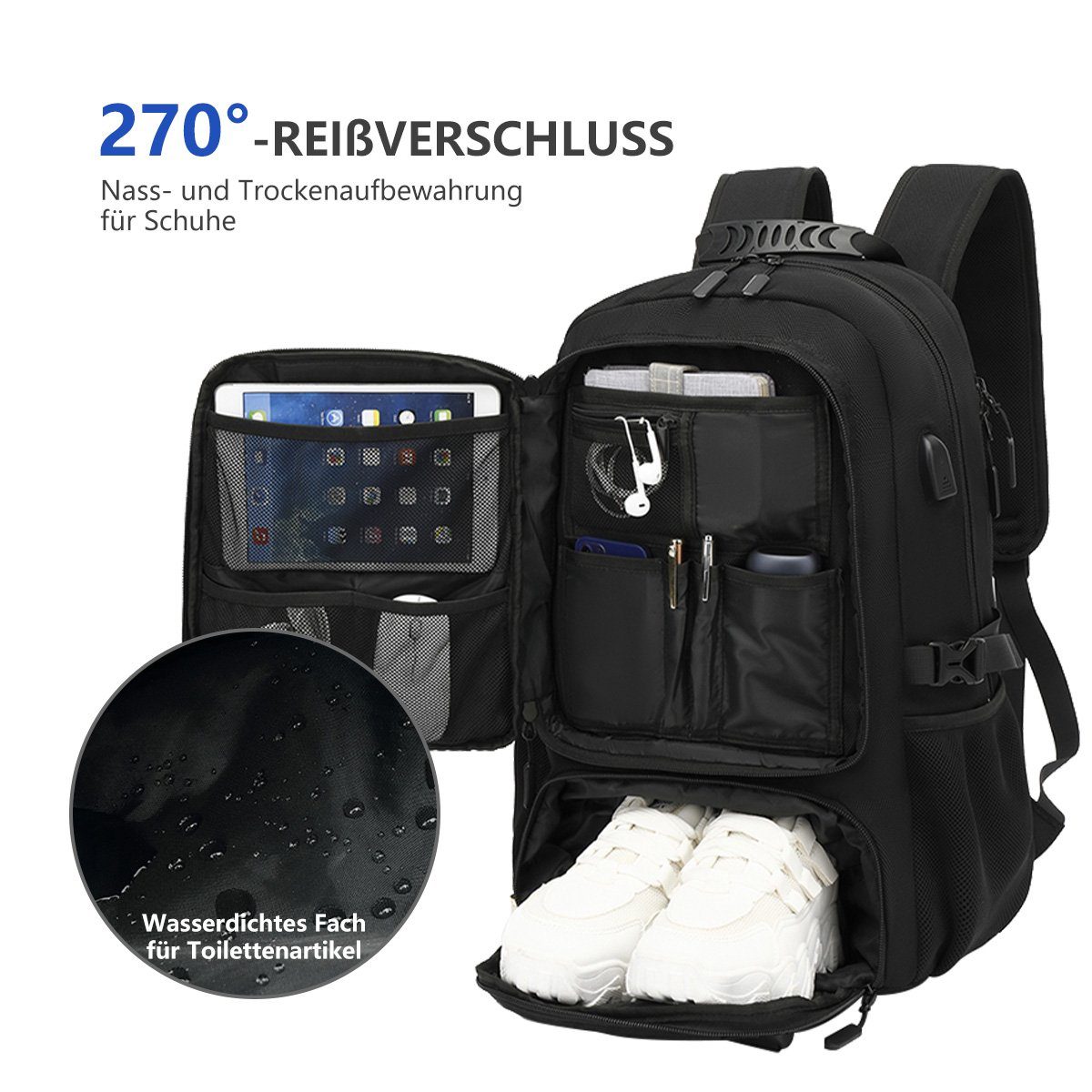 7Magic Reiserucksack Großer Laptop Rucksack 17 Zoll Business Arbeit mit Schuhfach Schwarz (mit USB Ladeanschluss Anti Diebstahl Business Arbeit Reisen), für Fitnessstudio Arbeit Camping, Herren Damen, Schwarz