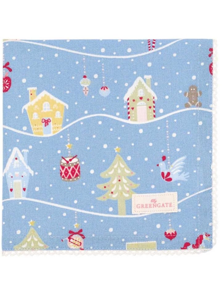 Greengate Stoffserviette mit Spitze LAURA Christmas DUSTY BLUE Blau mit Weihnachtsmotiven günstig kaufen onesize