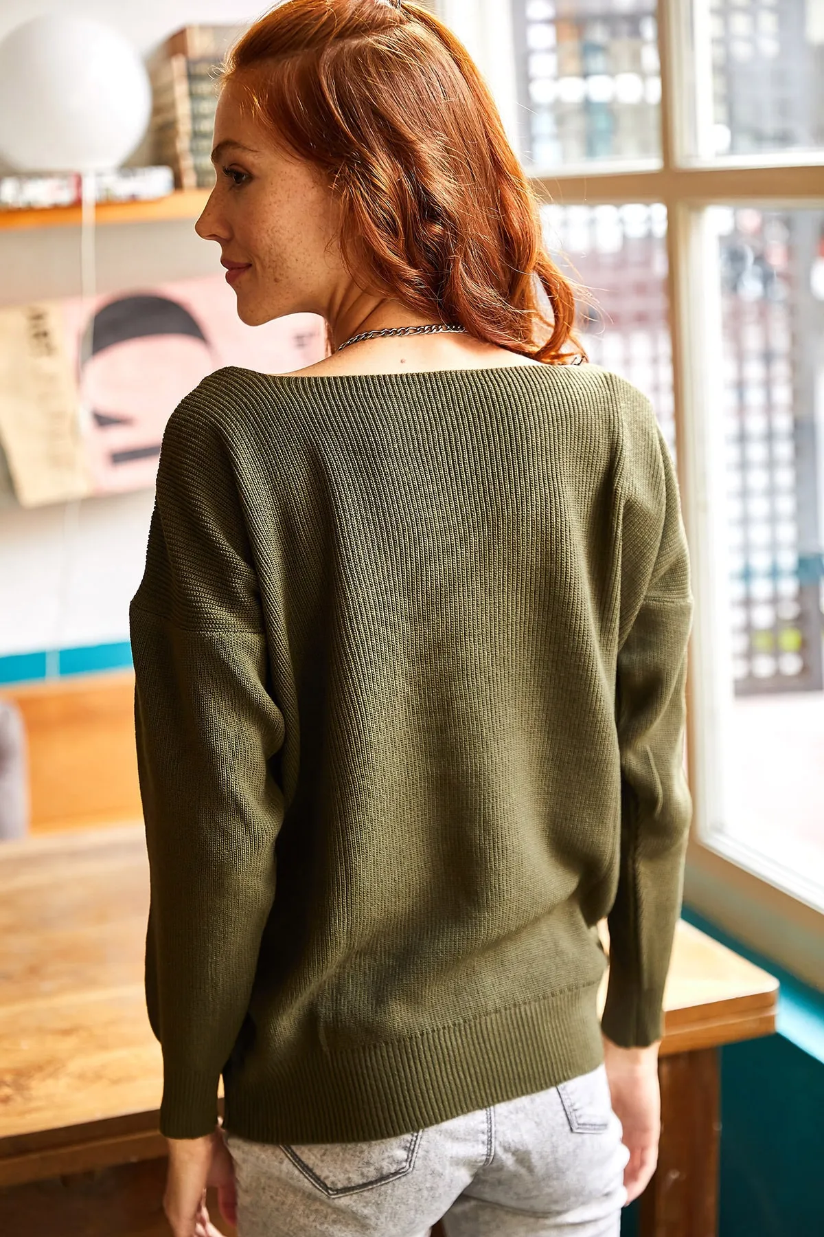 Olalook  Damen-Strickbluse mit Khaki-Kragen und Spitze BLZ-19001605